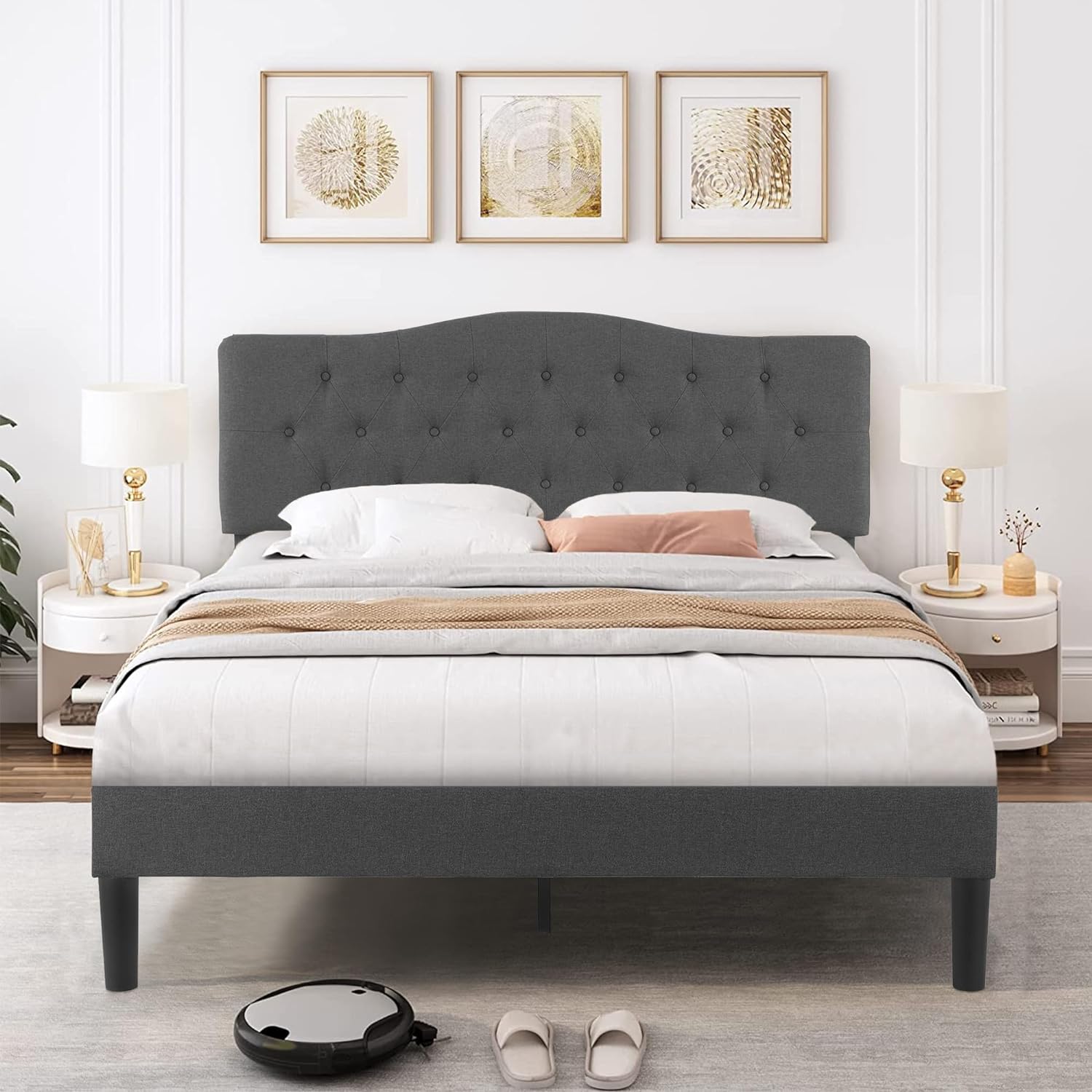 VECELO Classic Upholstered Platform Bed Frame with Diamond Stitched Cloth - VECELO