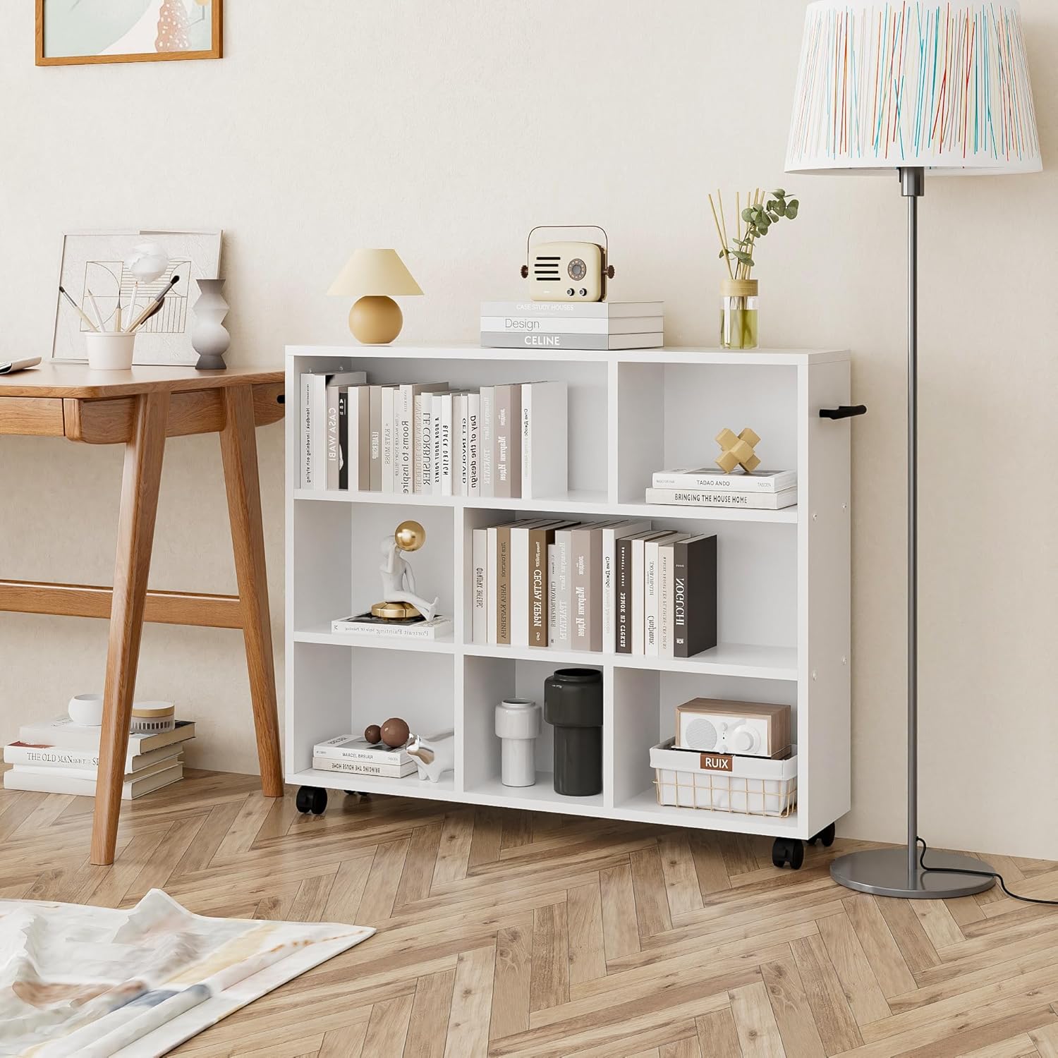 VECELO Book Cart, Library Wood Rolling Book Truck with Lockable Wheels, for Home Office, White - VECELO