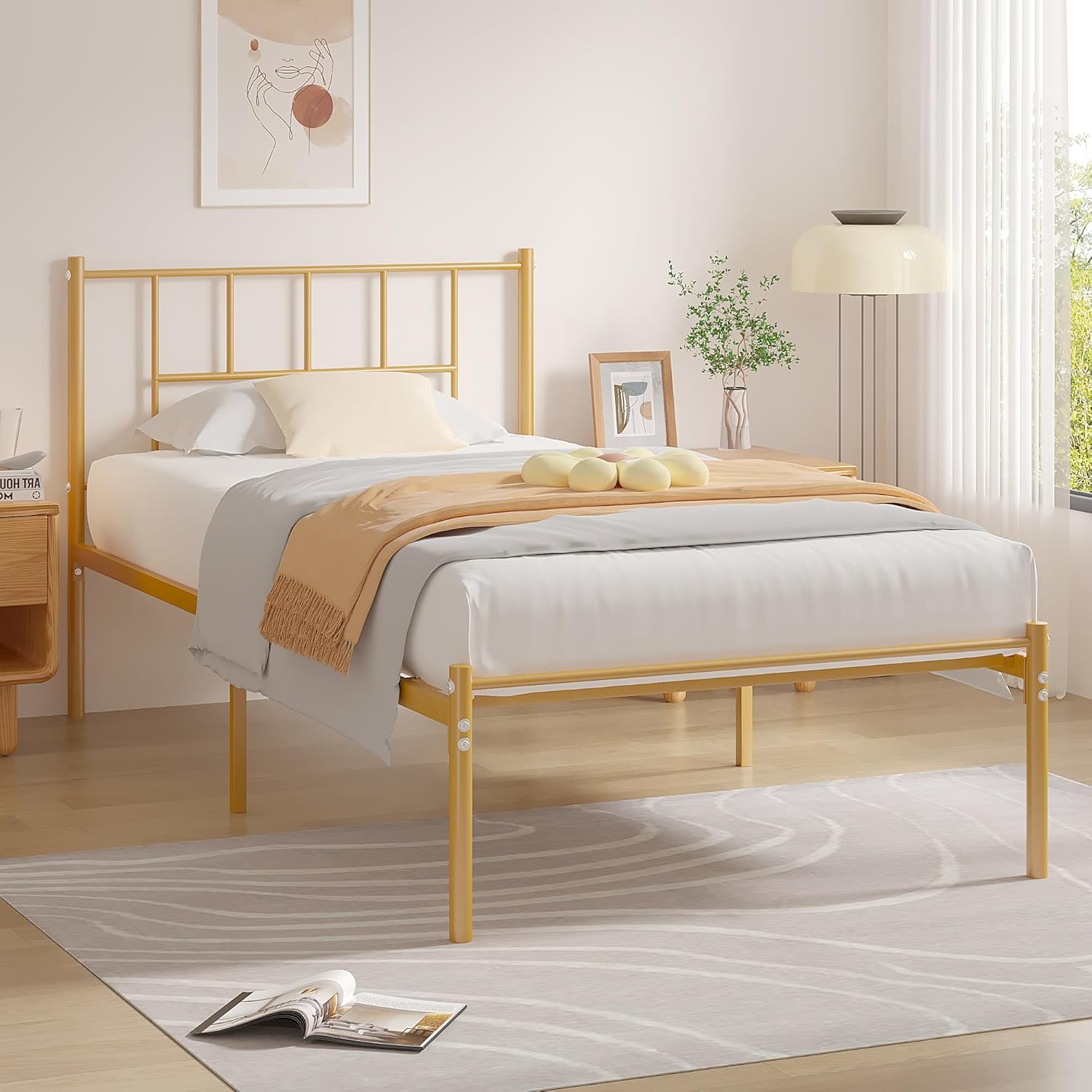 VECELO Bed Frame, 14 Inch Metal Platform with Headboard, Heavy Duty Steel Slat Support - VECELO