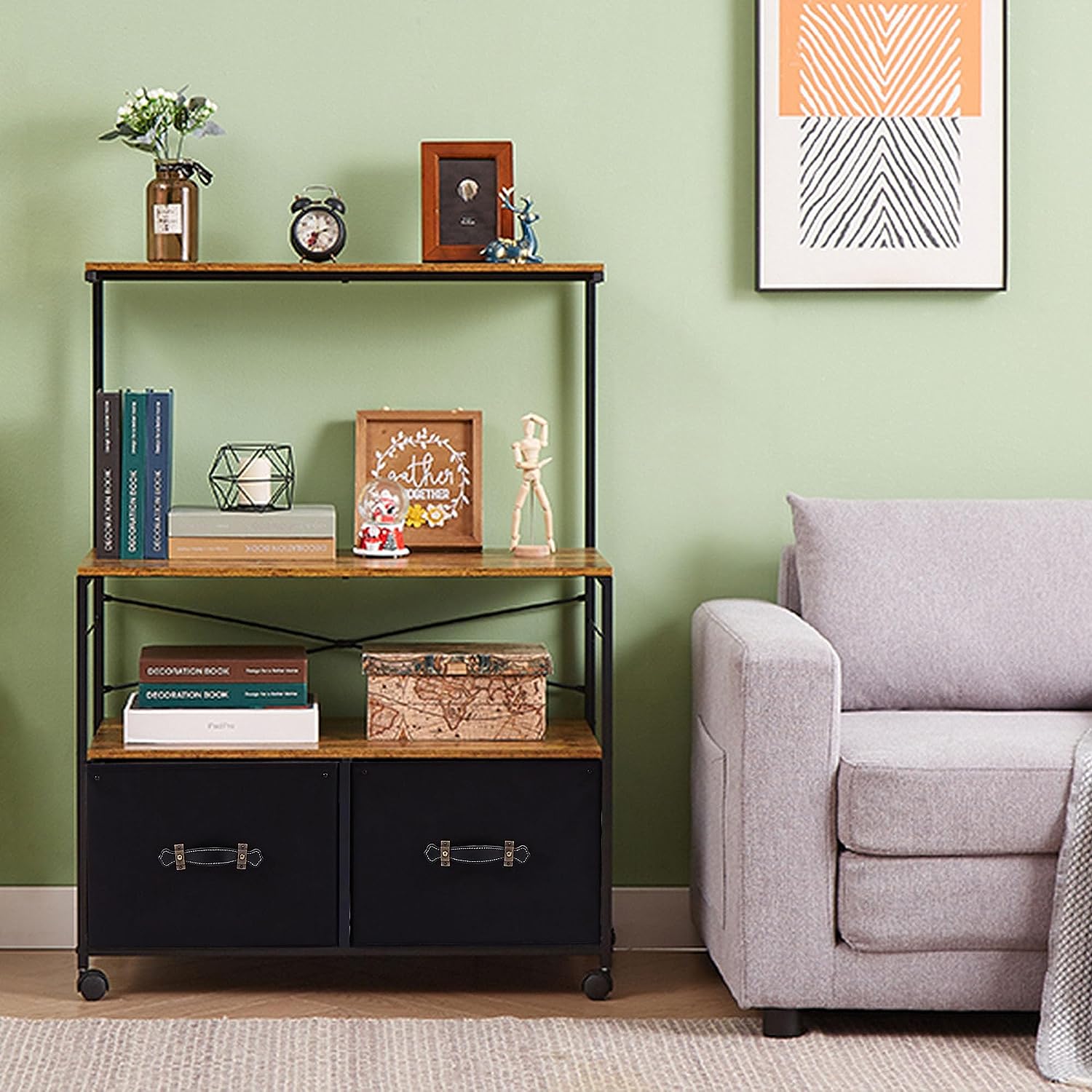 VECELO Lateral File Cabinet with 2 Big Rolling Printer Stand with 3 Open Storage Shelf