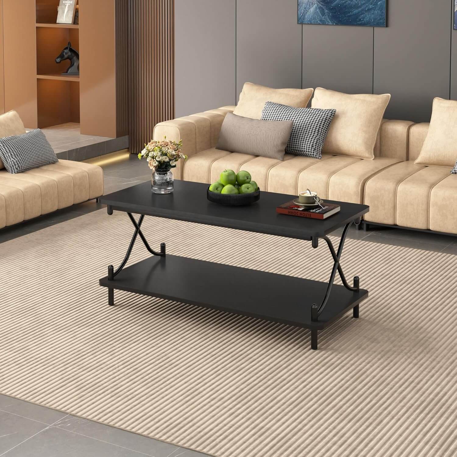 VECELO 39-Inch Coffee Table with Storage and Open Shelves - VECELO