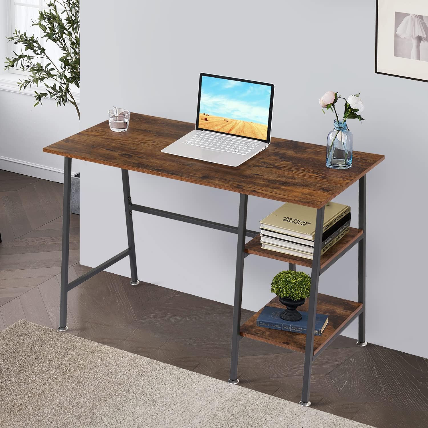 VECELO Computer Writing Desk with 2 Tier Storage Shelves, Modern Simple Student Study Table - VECELO