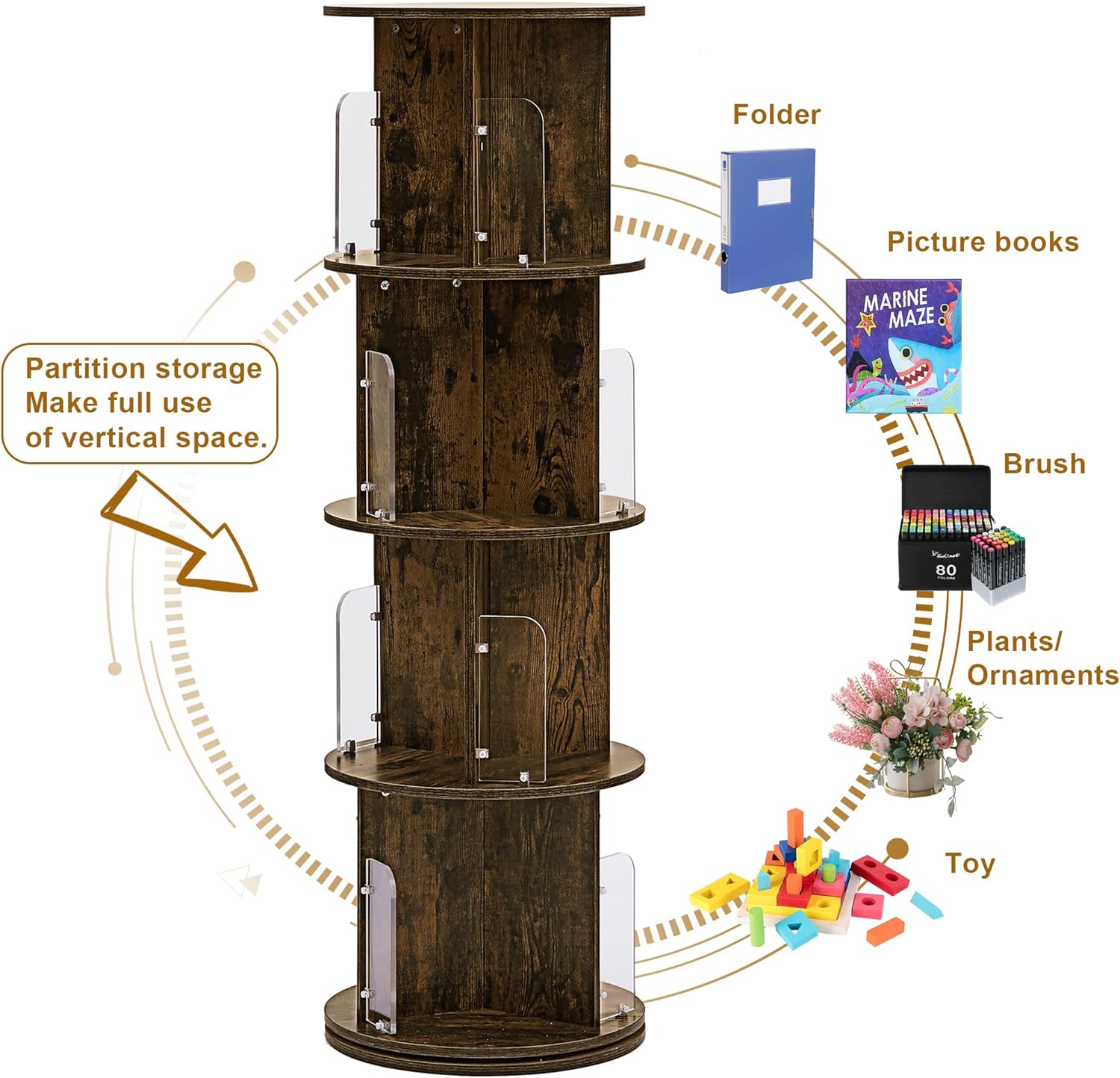 VECELO Rotating Bookshelf with Acrylic Display Window Partition