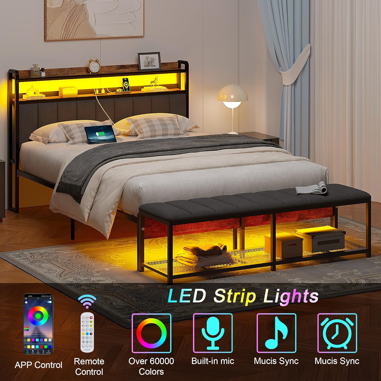 VECELO Bed Frame with LED Lights and Bench
