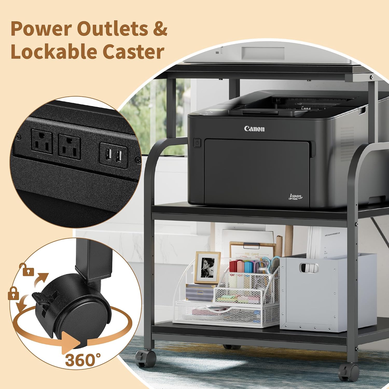 VECELO Adjustable Large Printer Stand with Power Outlet, 3-Tier Heavy Duty Cart on Lockable Wheels