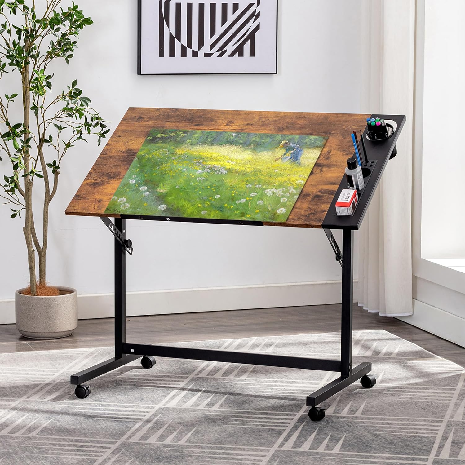 VECELO Vintage Drawing Drafting Table, Adjustable Tilting Top Art Desk Craft Work Station