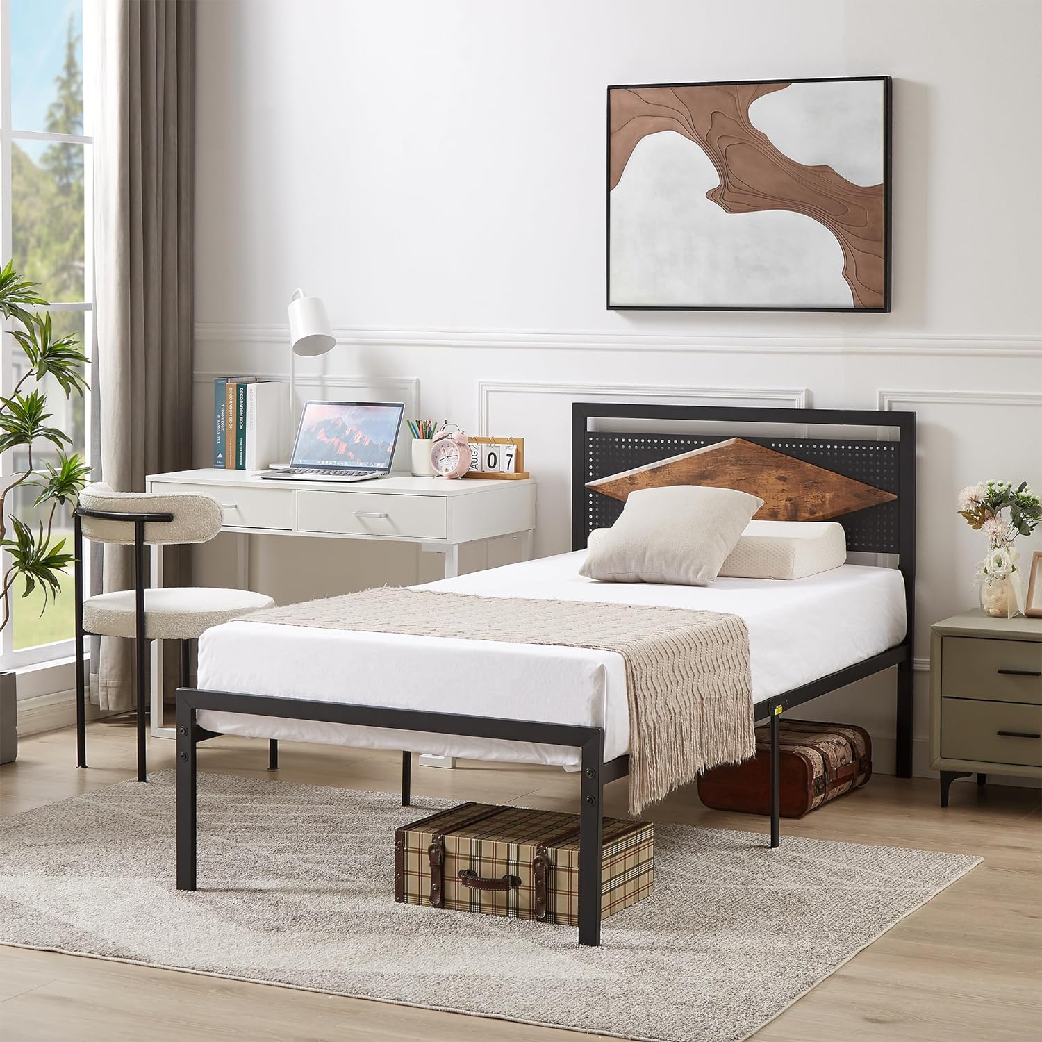 VECELO Metal Bed Frame Platform with Wood Grain Headboard&Footboard