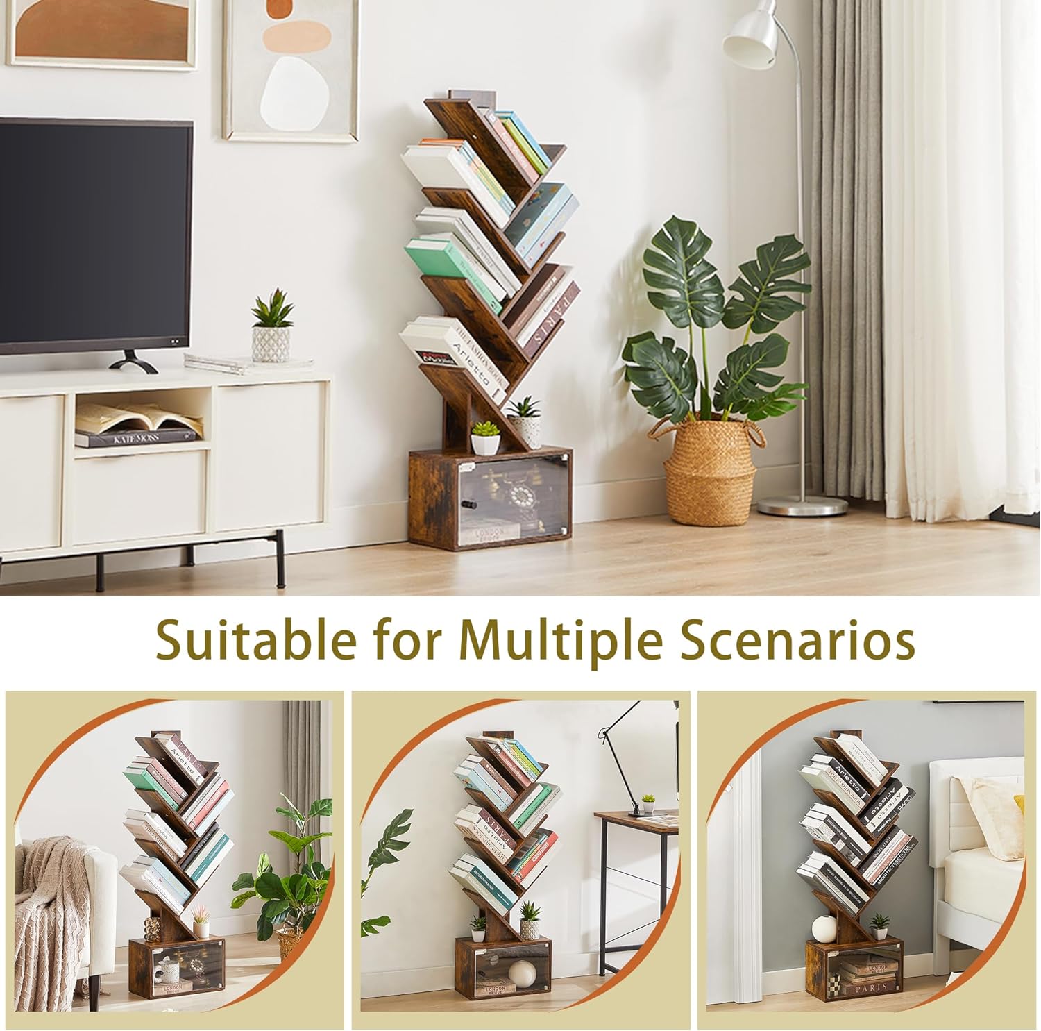 VECELO Tree Bookshelf, 7-Tier Tree Bookcase Wood Shelves Display with Storage Cabinet