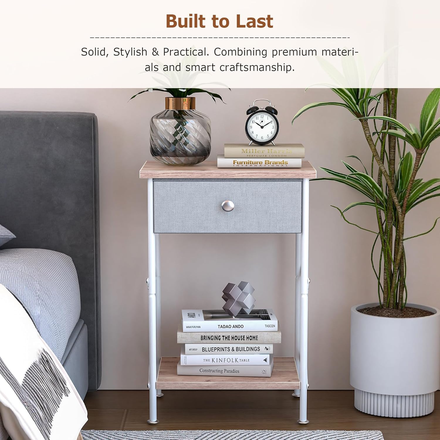 VECELO Nightstand with Drawer, Small Bedside Table with Storage and Adjustable Metal Legs