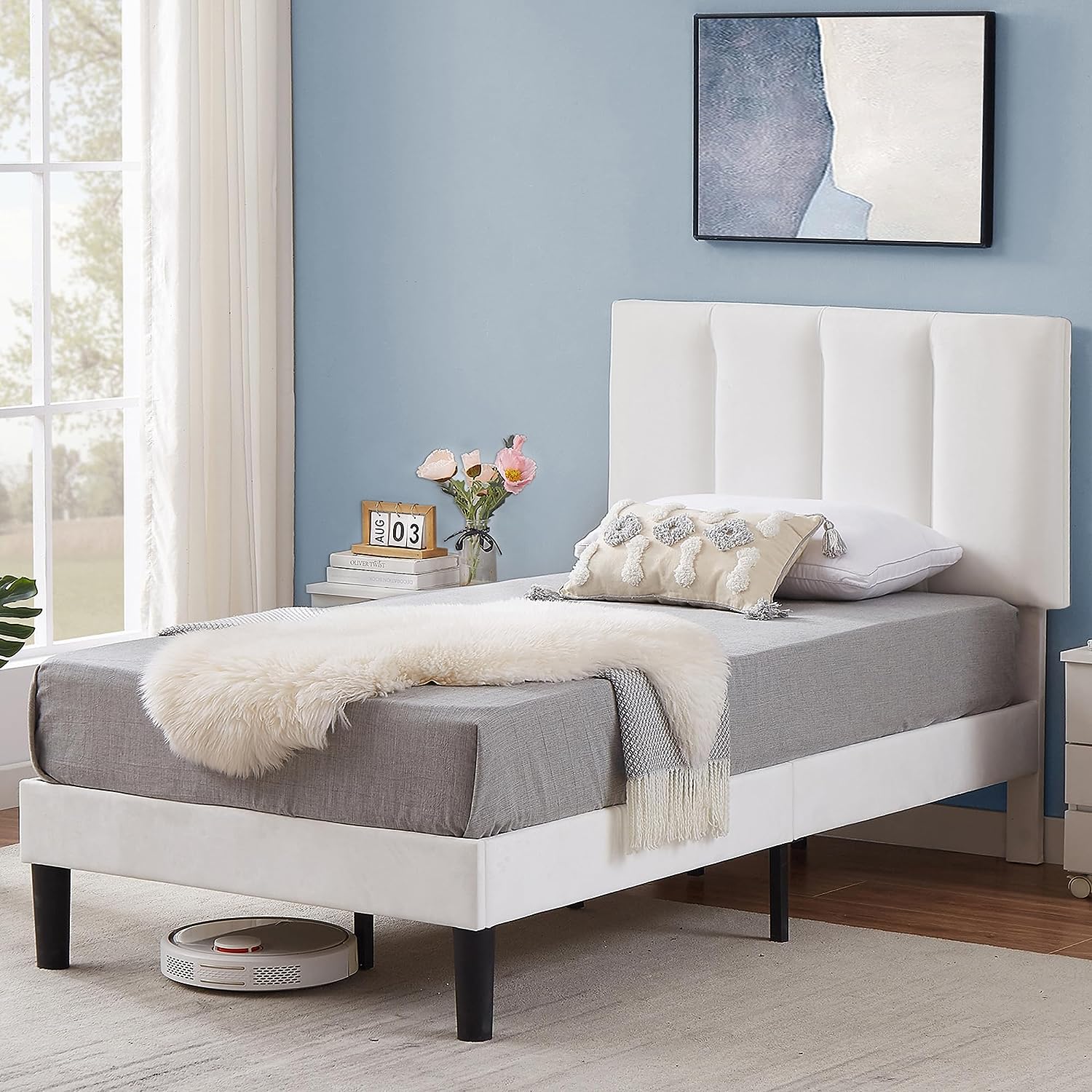 VECELO Modern Upholstered Platform Bedframe, Adjustable Headboard