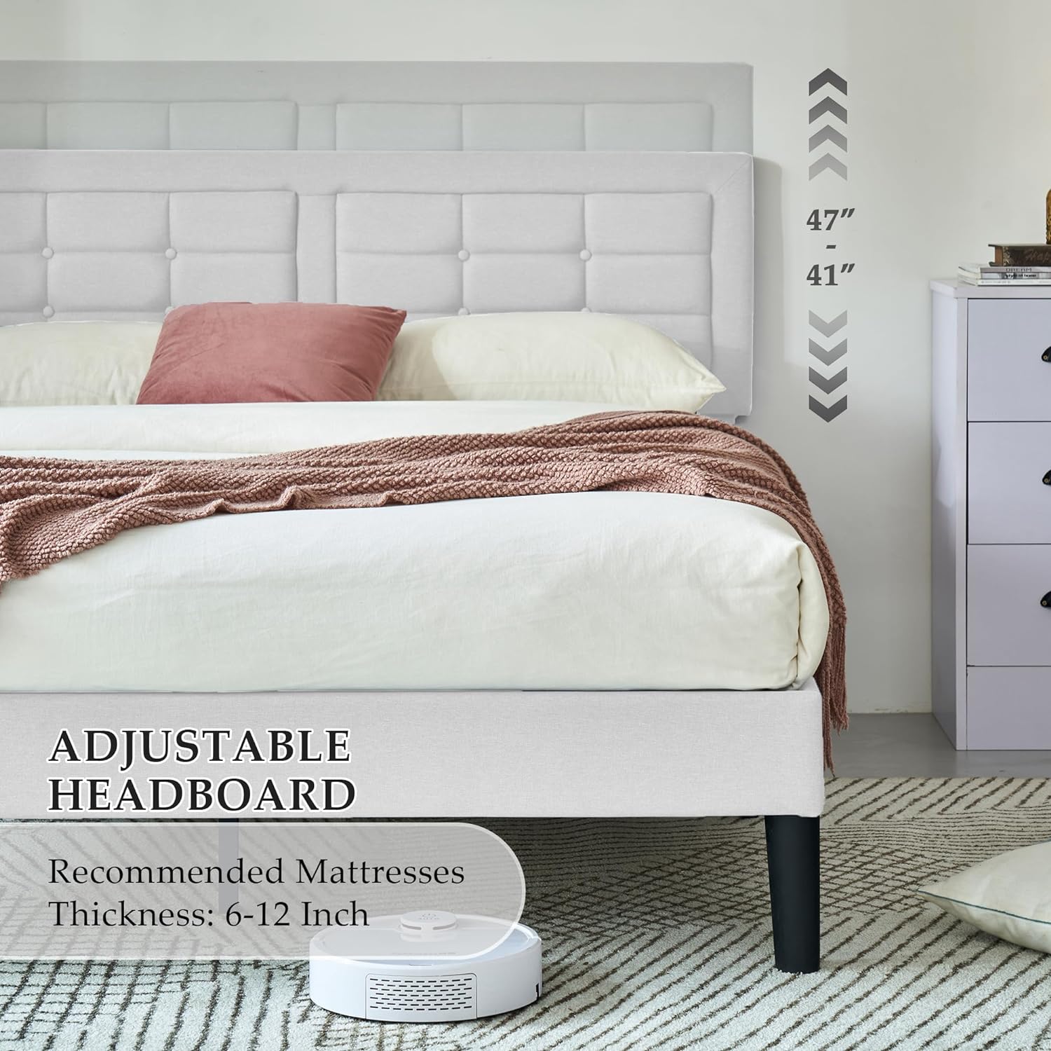 VECELO Upholstered Platform Bed Frame with Height Adjustable Headboard