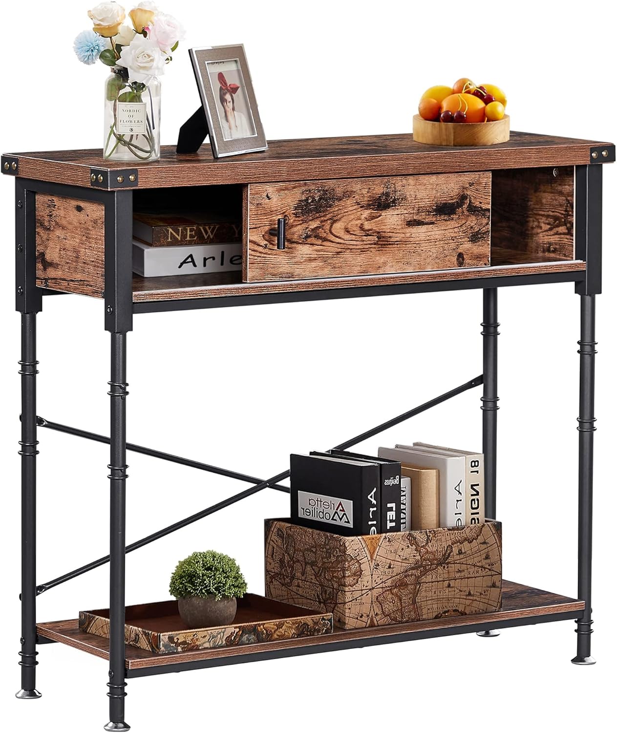 VECELO Console Table with Drawers, Narrow Wood Sofa Accent Furniture with Storage Shelf - VECELO