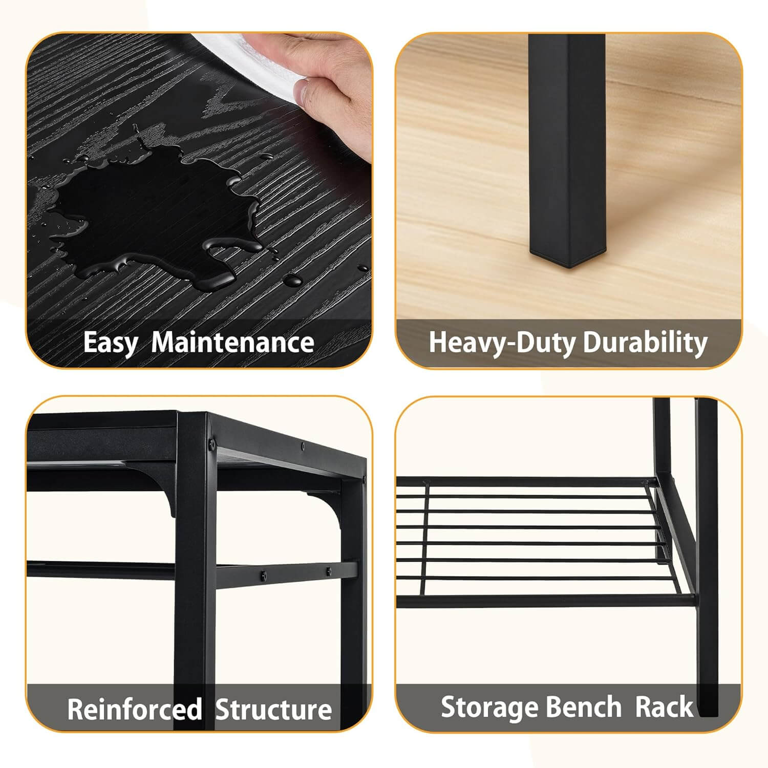 Collage showing features of VECELO table set: easy maintenance, heavy-duty frame, reinforced structure, and storage bench rack.