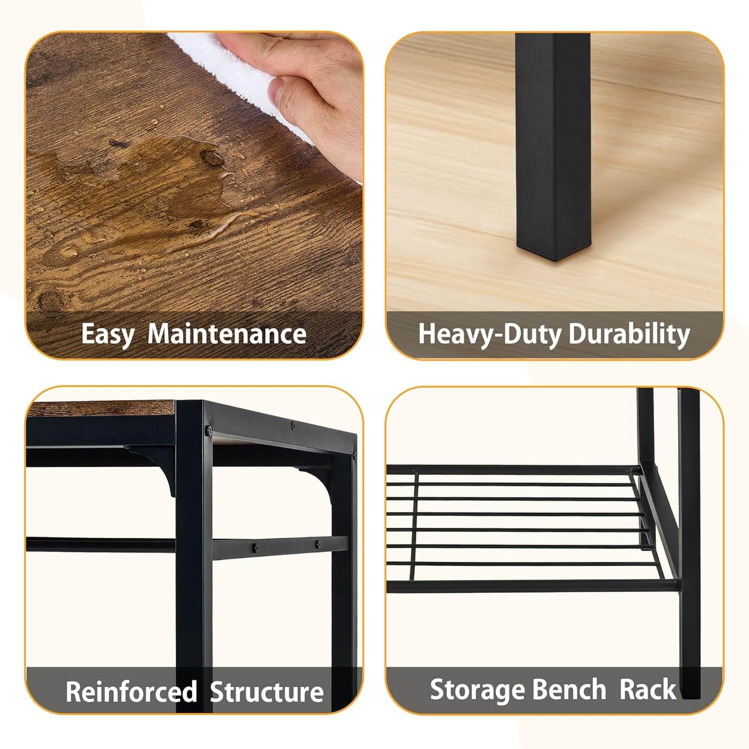 Features of the VECELO table set showing easy maintenance, heavy-duty durability, reinforced structure, and storage bench rack.