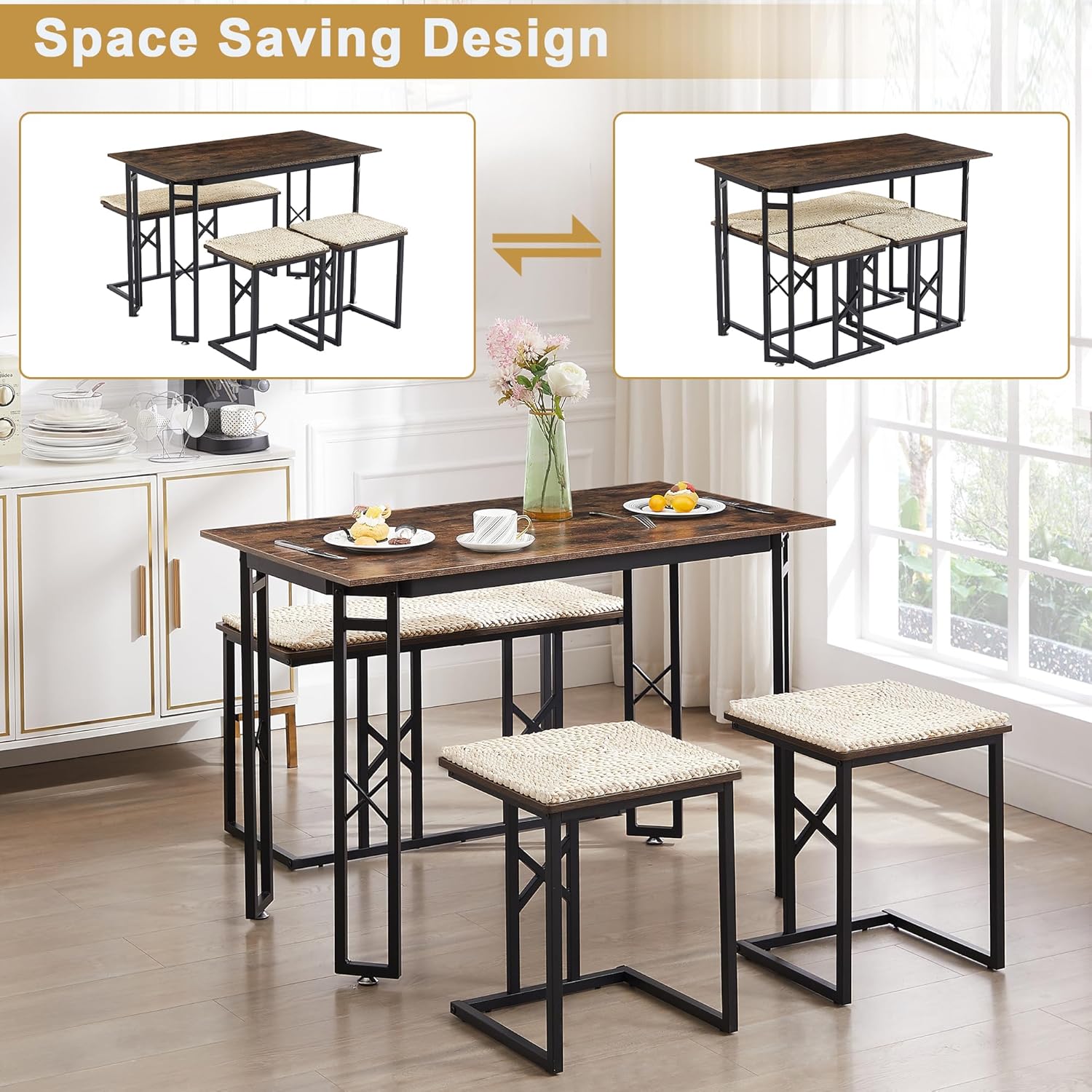 VECELO 43.3" Farmhouse Room Sets for 4 with 3 Benches Wicker-Knot Cushions - VECELO