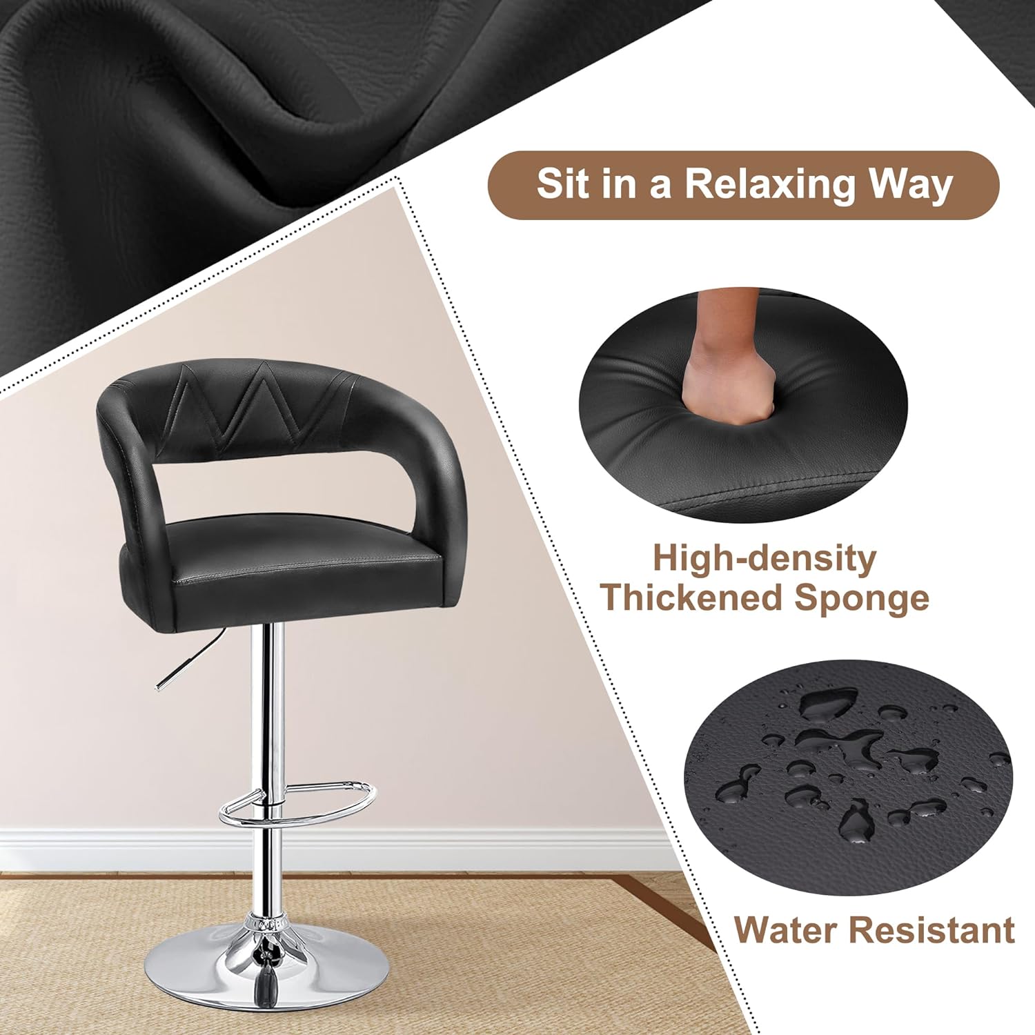 VECELO Bar Stools Set of 2 Adjustable Swivel Modern Pu Leather Barstools - VECELO