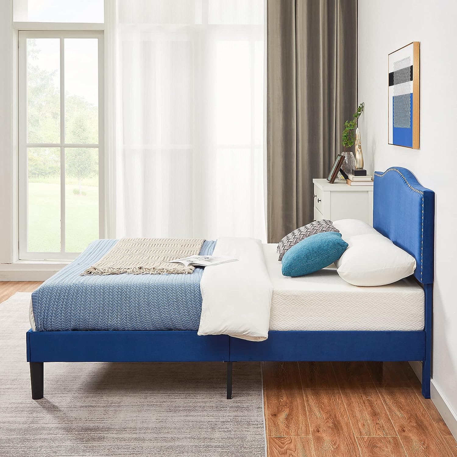 VECELO Bed Frame Platform with Upholstered Headboard & Wooden Slats Support - VECELO