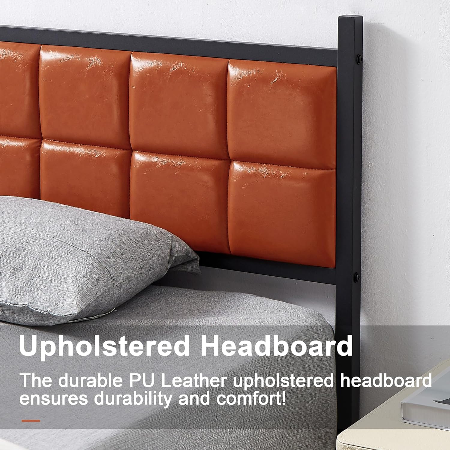 VECELO Bed Frame with PU Upholstered Headboard Metal Slats Support, No Box Spring Needed - VECELO