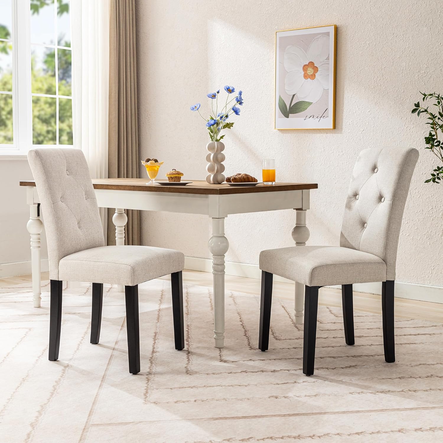 VECELO Upholstered Dining Set of 2 Modern Fabric Dinning Chair with Solid Wood Legs and High Back