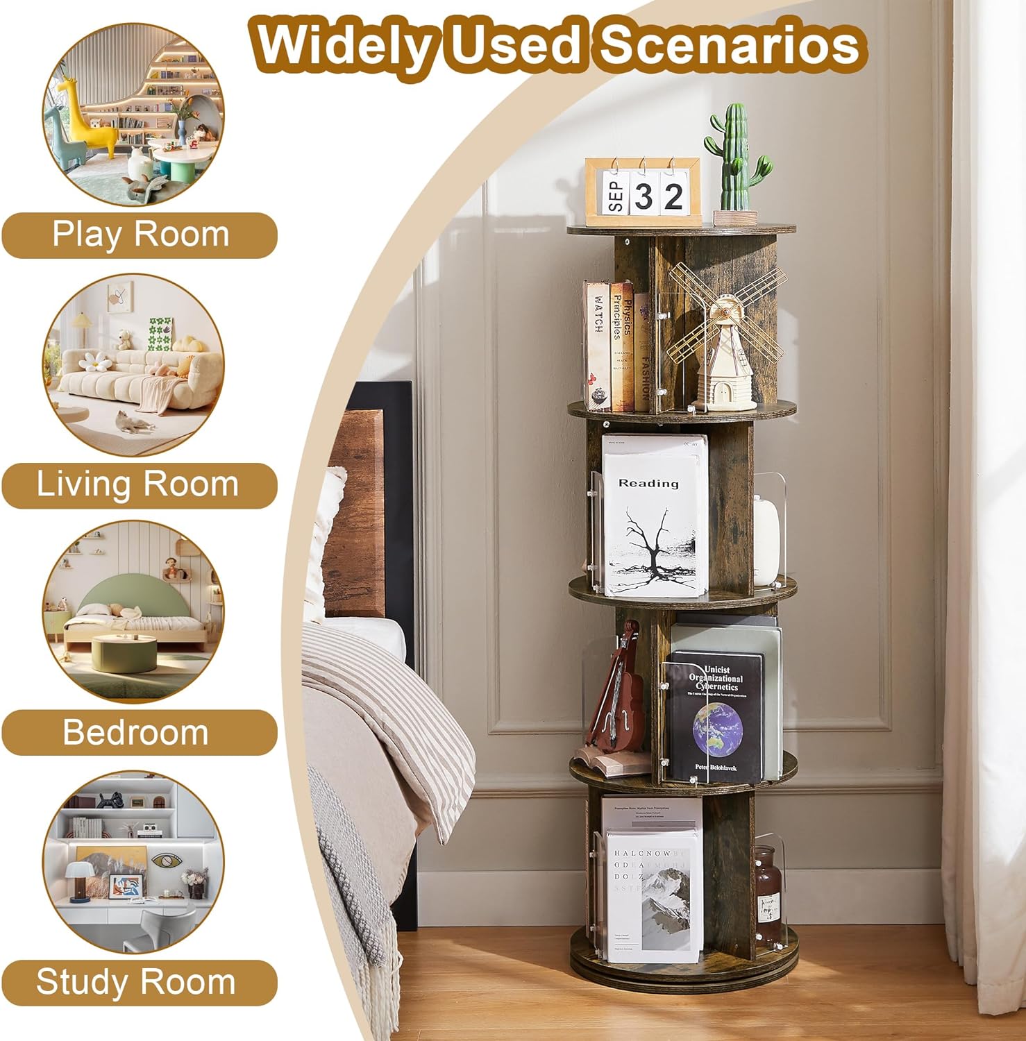 VECELO Rotating Bookshelf with Acrylic Display Window Partition