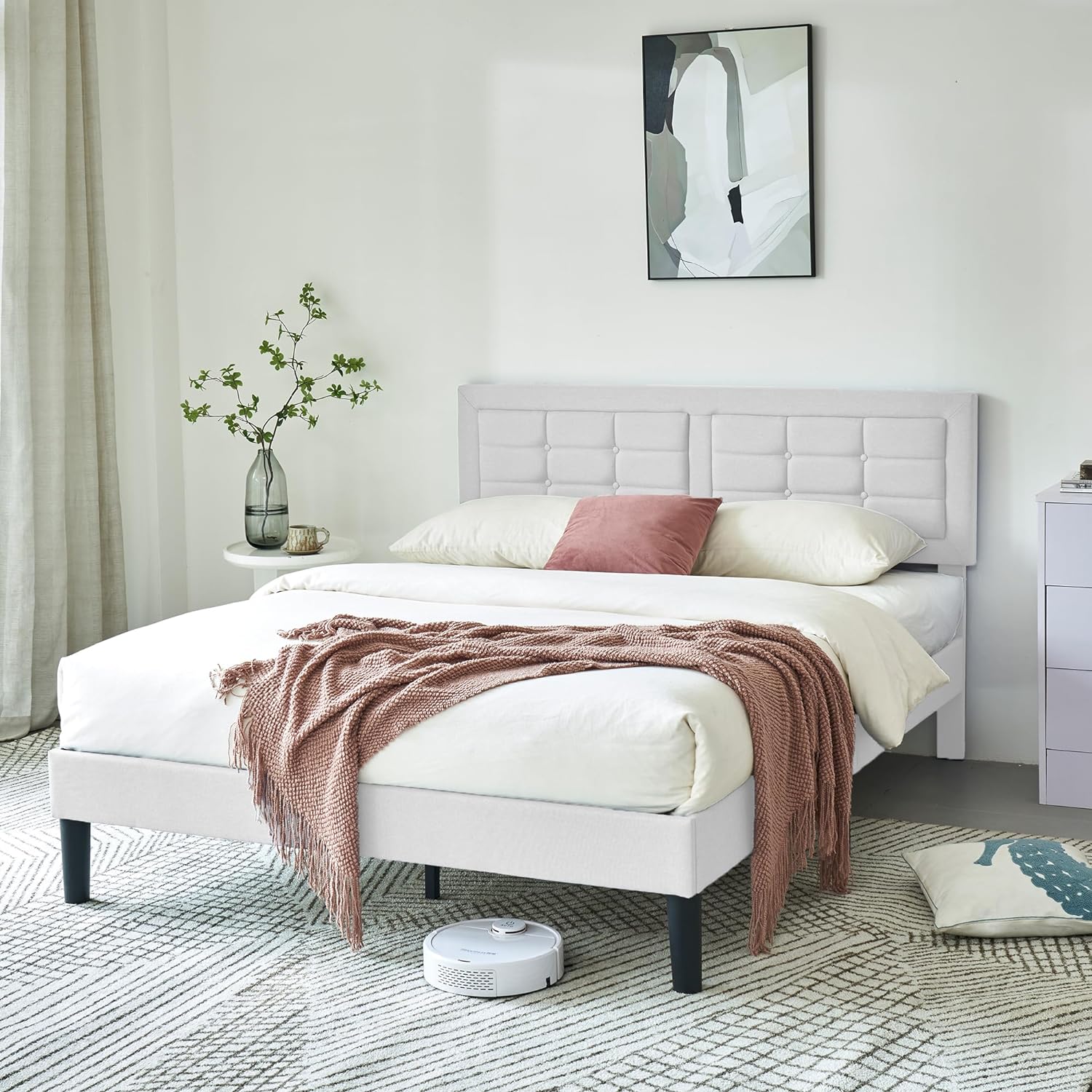 VECELO Upholstered Platform Bed Frame with Height Adjustable Headboard