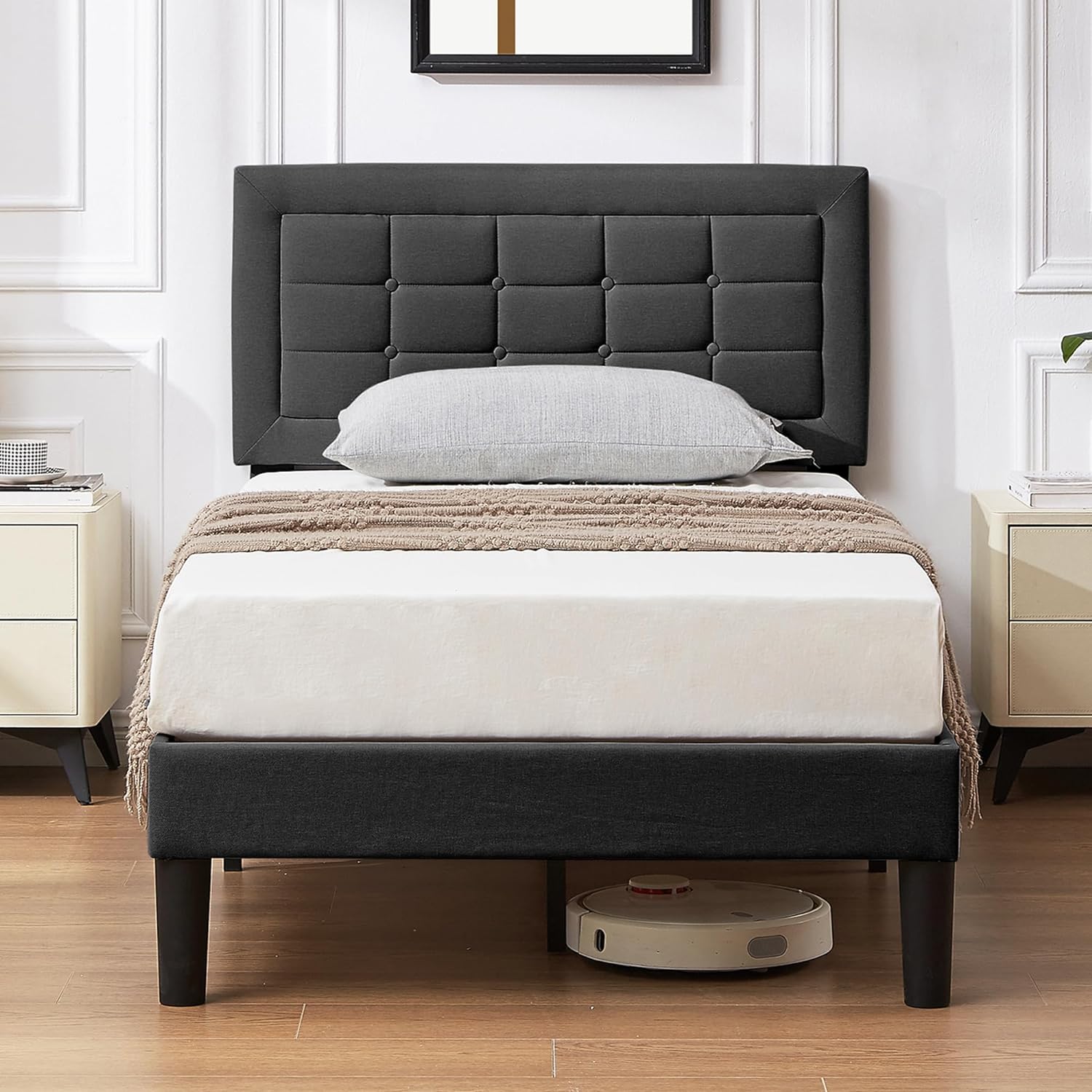 VECELO Upholstered Platform Bed Frame with Height Adjustable Headboard