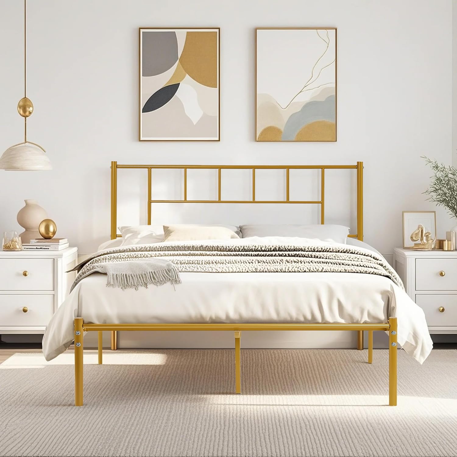 VECELO Bed Frame, 14 Inch Metal Platform with Headboard, Heavy Duty Steel Slat Support - VECELO