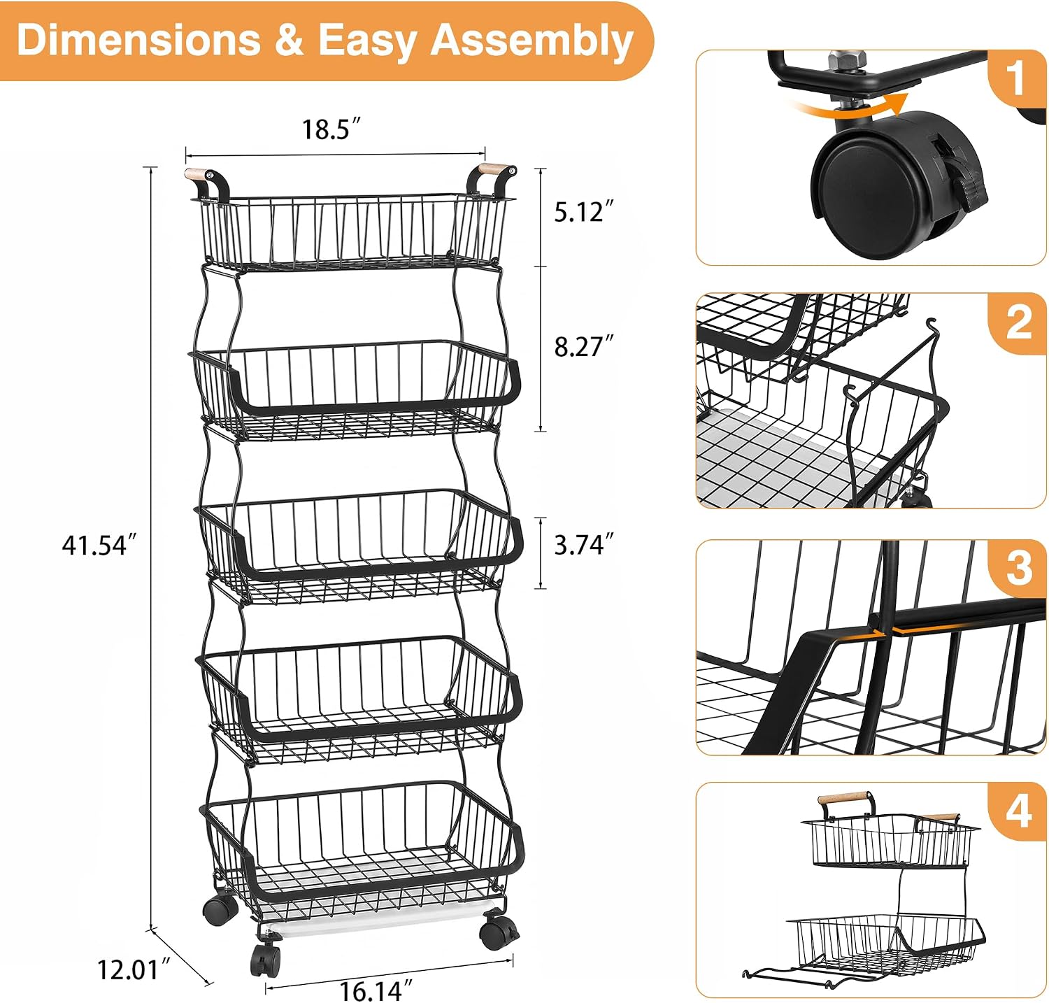 VECELO 3-Tier Fruit Basket with Wheels,