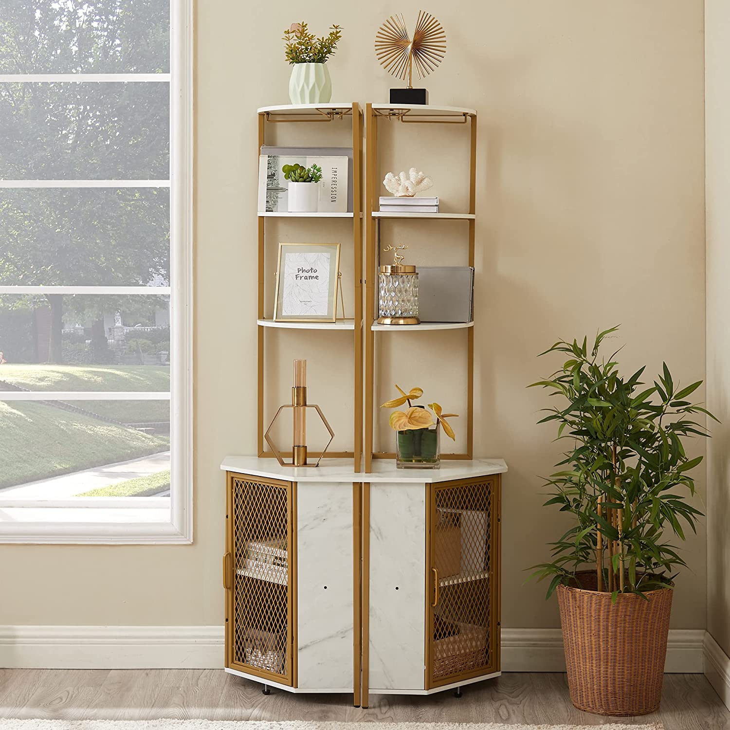 VECELO Corner Cabinet, Tall Storage Shelf Bookshelf Display Shelves Rack - VECELO