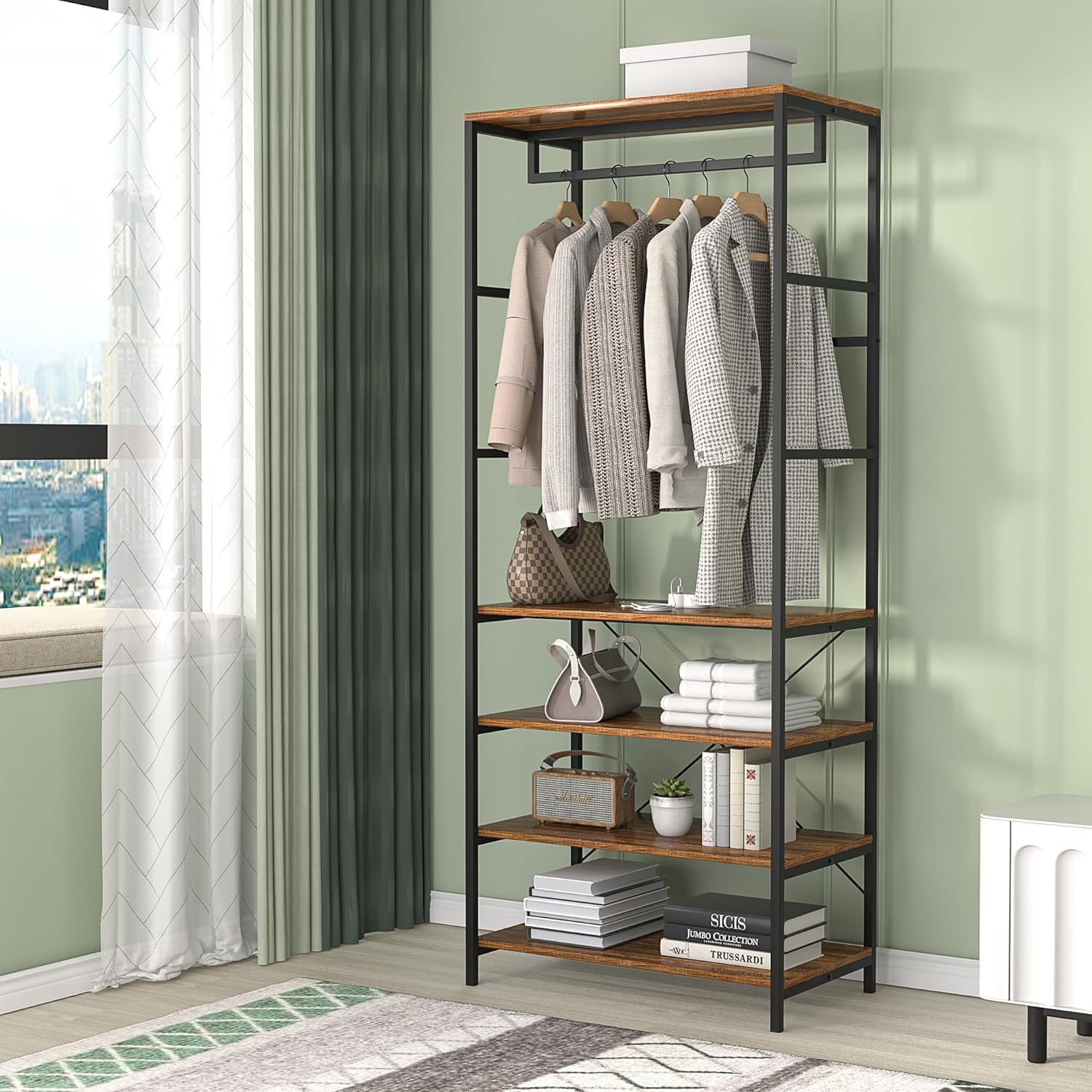 VECELO Coat, Entryway Hall Tree with 4-Tier Shoe Rack and Hanging Rod - VECELO