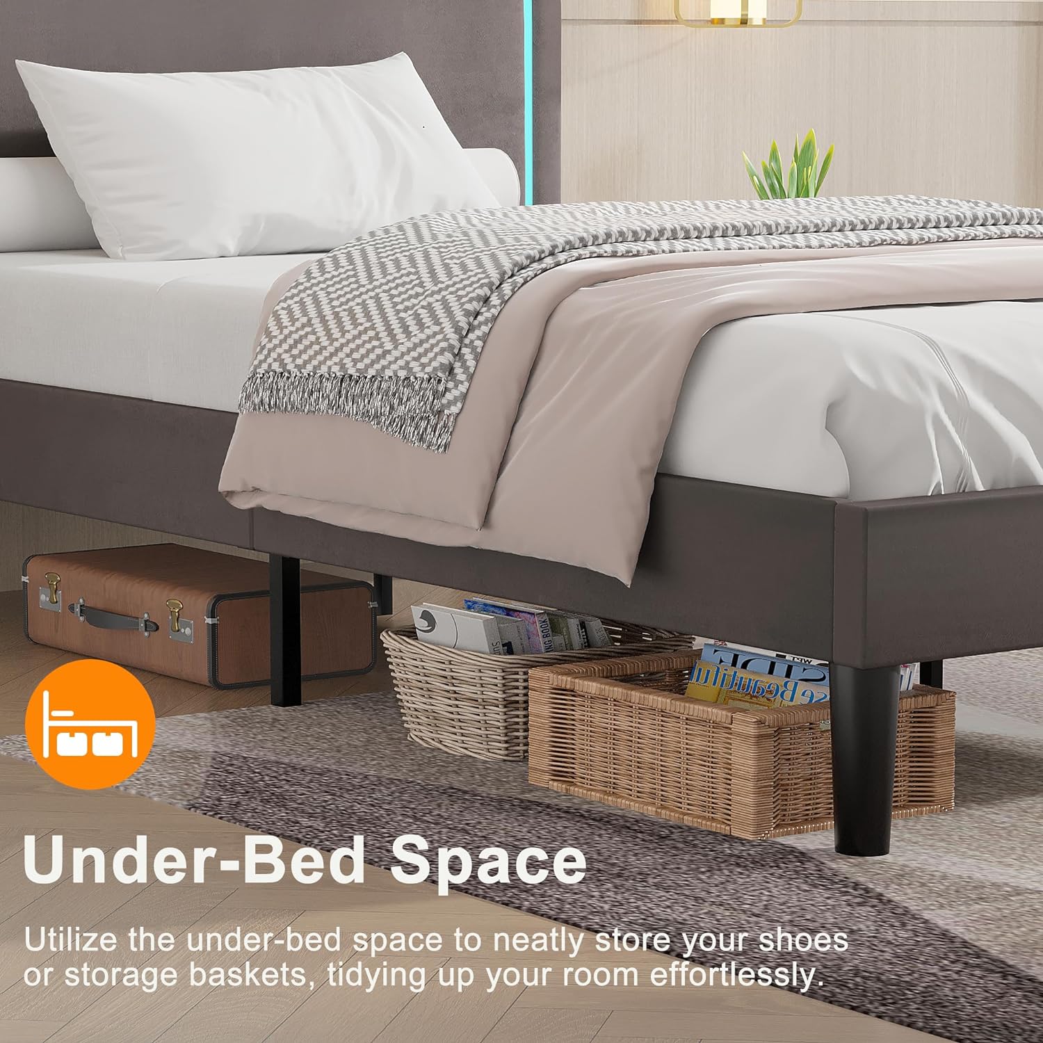 VECELO Upholstered Velvet Platform Bed Frame with Headboard Adjustable, LED Lights, USB-A & Type-C