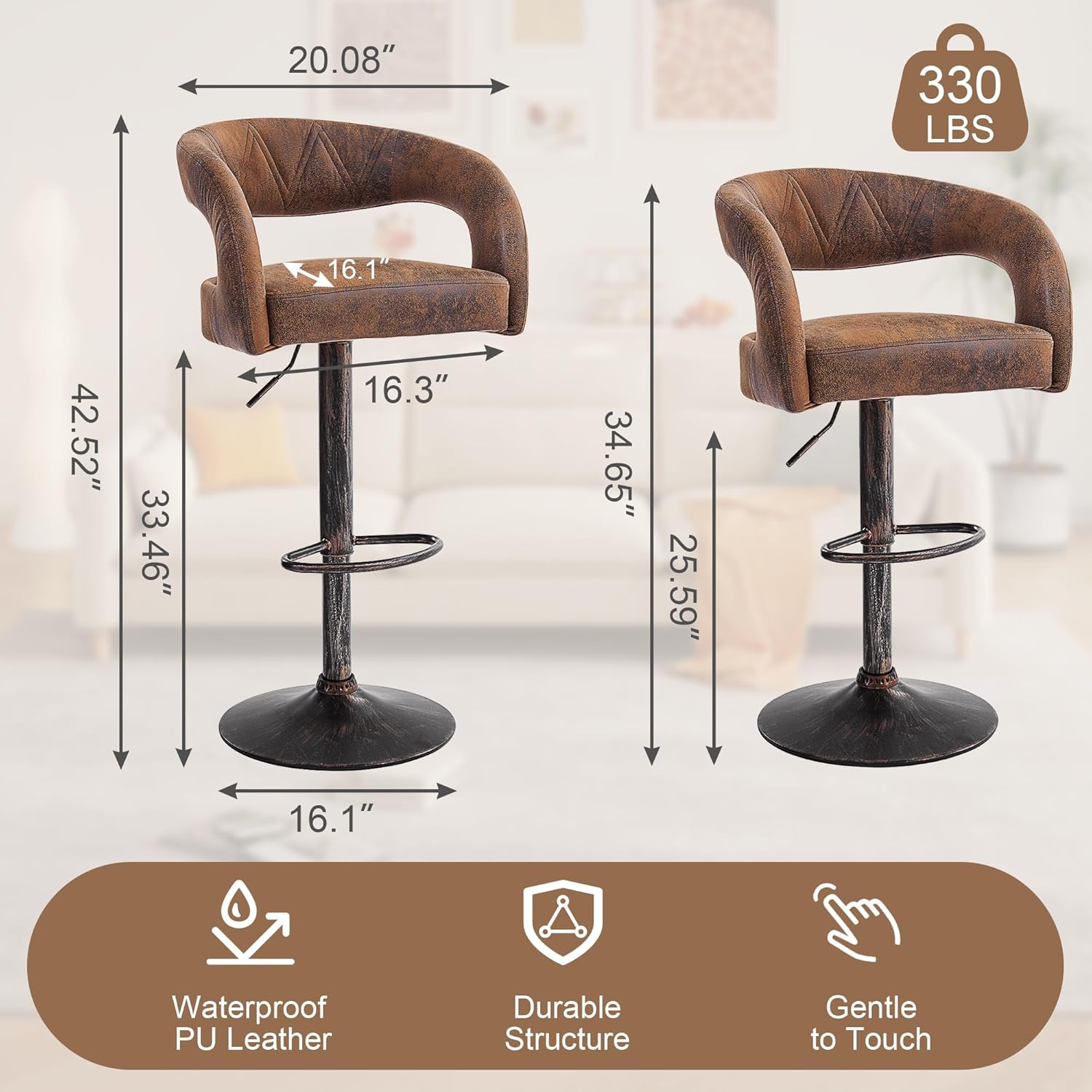 VECELO Bar Stools Set of 2 Adjustable Swivel Modern Pu Leather Barstools - VECELO