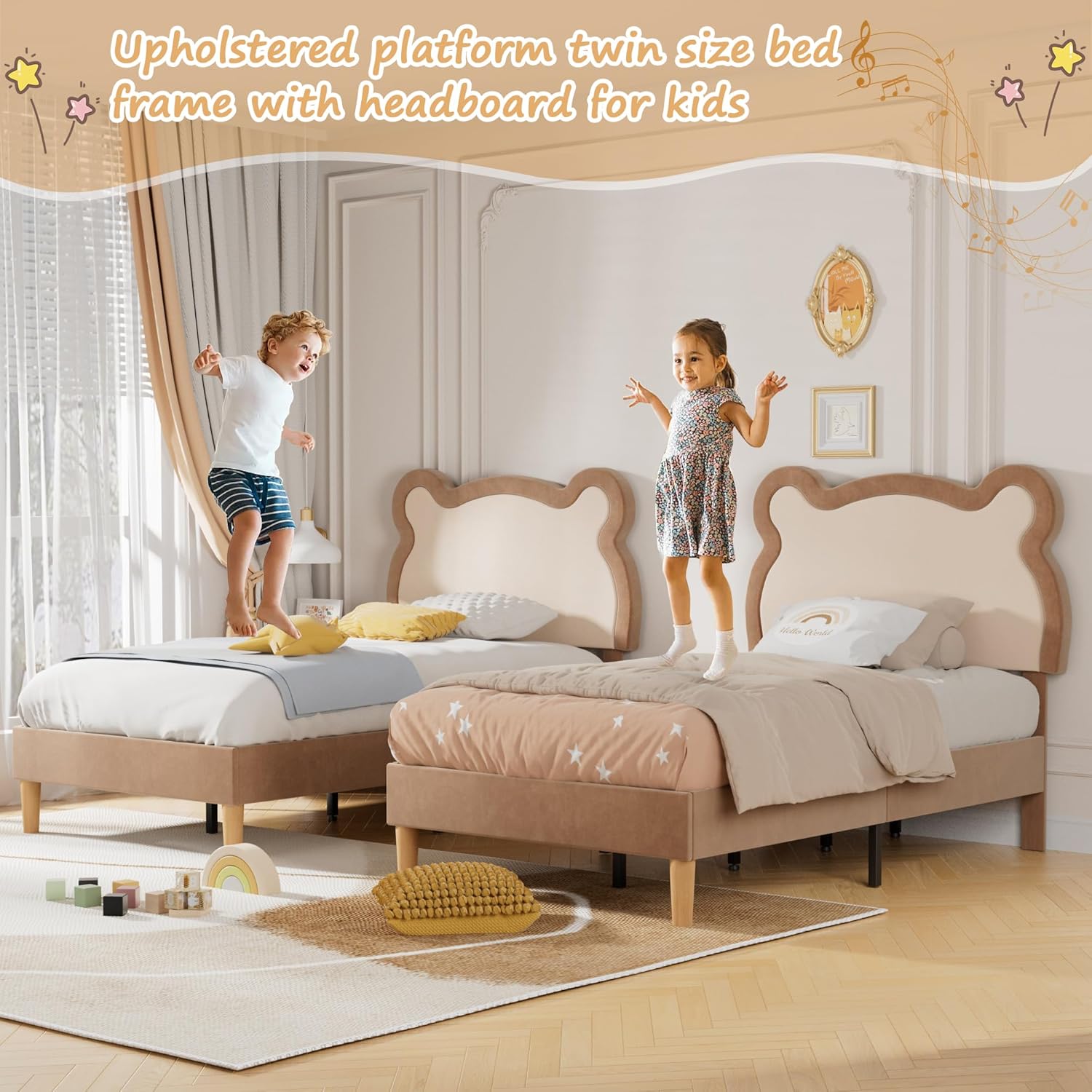 VECELO Twin Bed Frames for Kids, Upholstered Platform Bed with Adjustable Lovely Bear Headboard and 12 Solid Wooden Slats Support