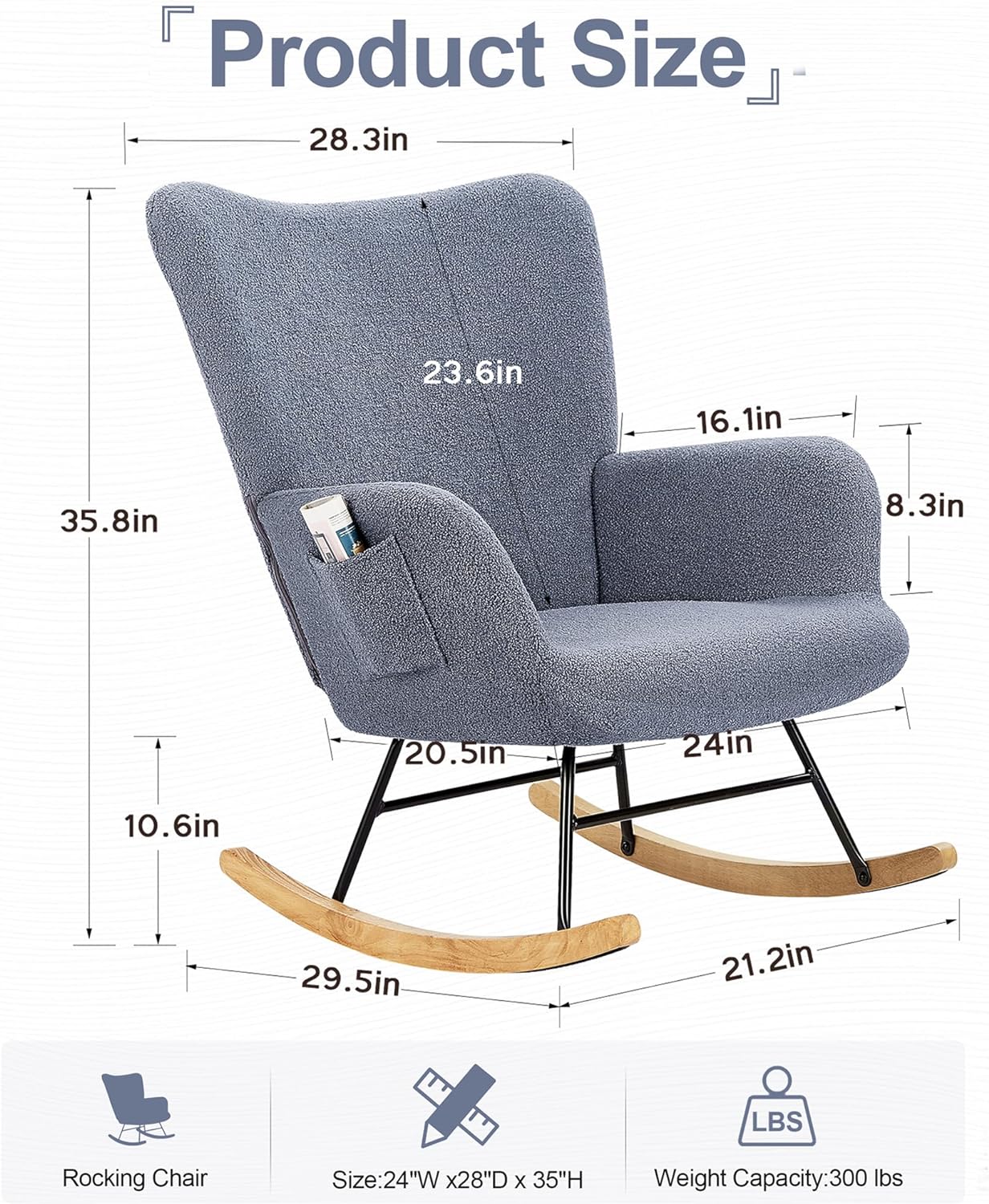 VECELO Rocking Chair, Modern Upholstered Teddy Fabric Nursery Glider