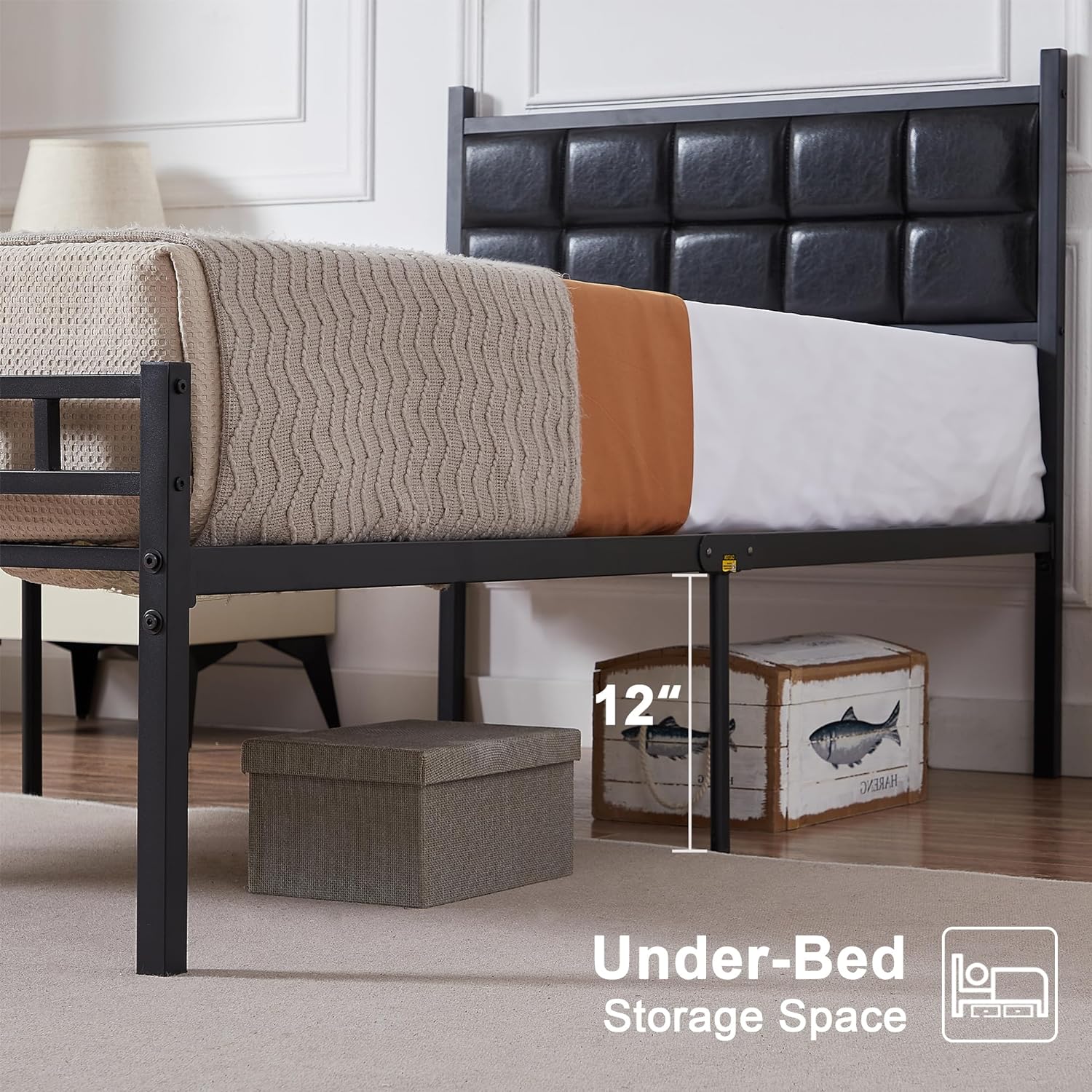 VECELO Bed Frame with PU Upholstered Headboard Metal Slats Support, No Box Spring Needed - VECELO