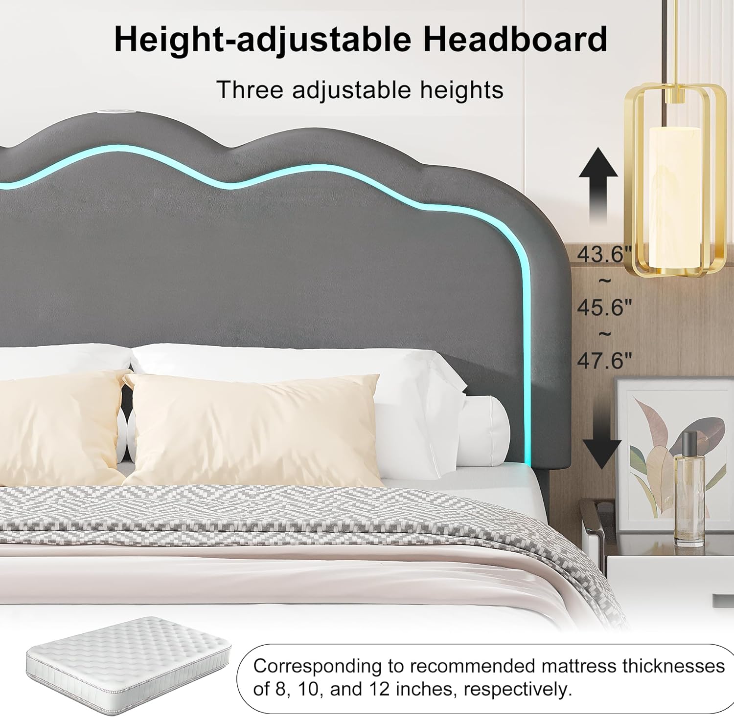 VECELO Upholstered Velvet Platform Bed Frame with Headboard Adjustable, LED Lights, USB-A & Type-C