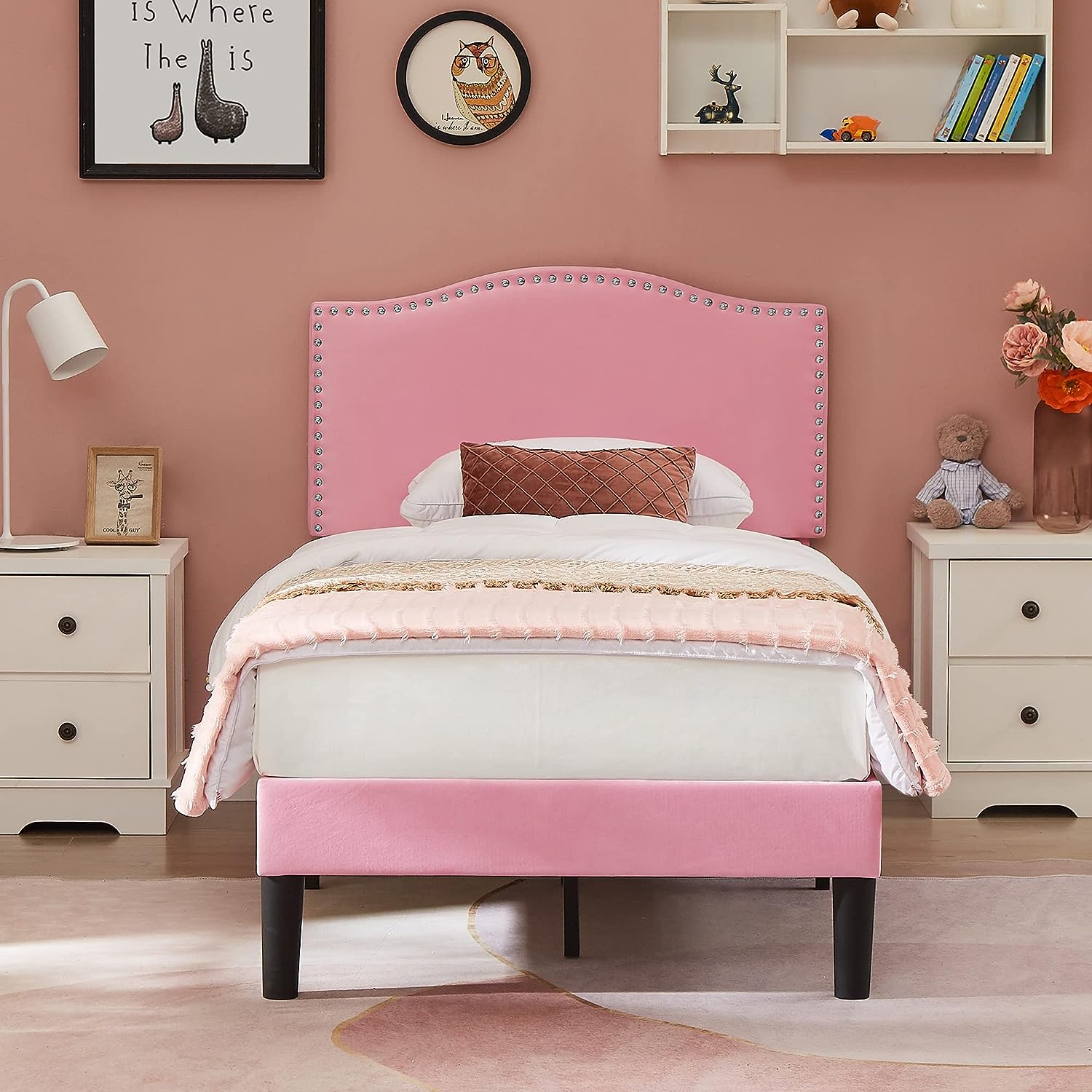 VECELO Bed Frame Platform with Upholstered Headboard & Wooden Slats Support - VECELO