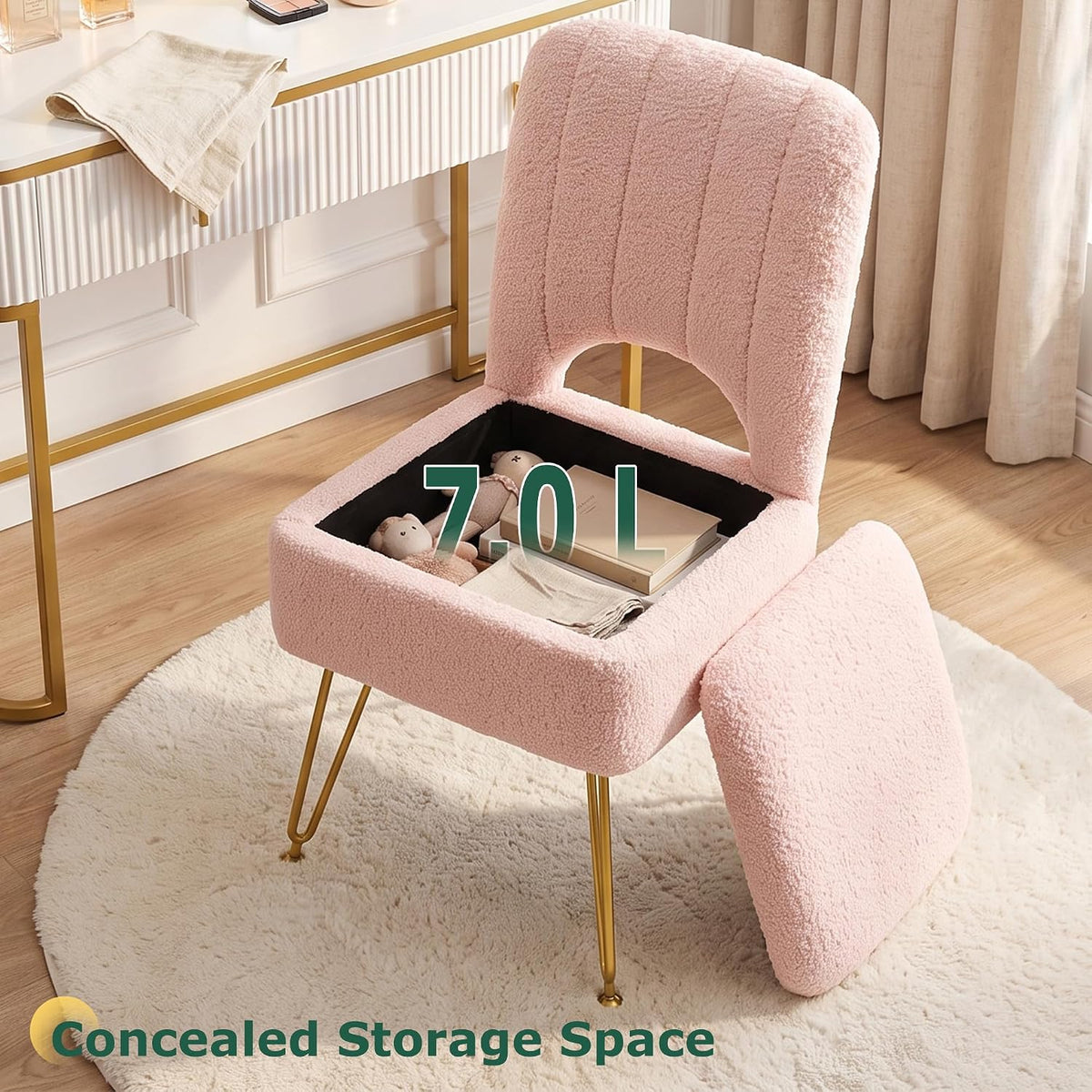 VECELO Vanity Stool Chair with Storage and Folding Back
