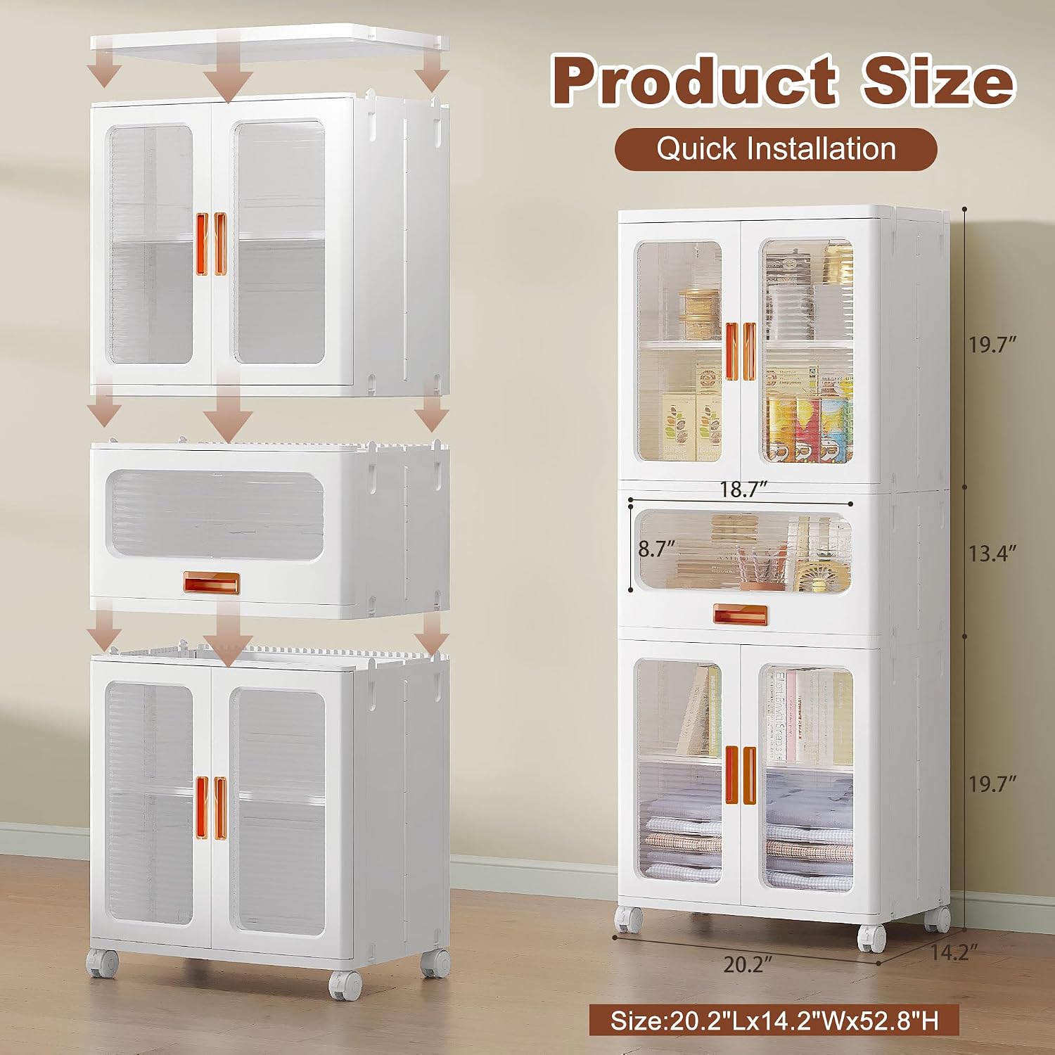 VECELO 226QT Stackable Storage Bins with Lids, Large Collapsible Storage Bins with Drawer and Movable Wheels