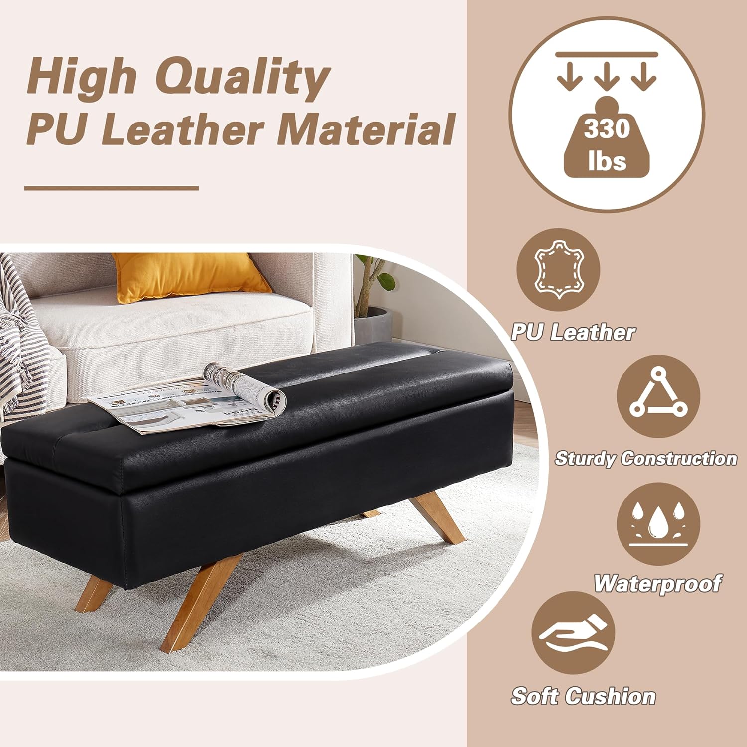 VECELO PU Leather Ottoman Bench with 6.1-inch Storage Space