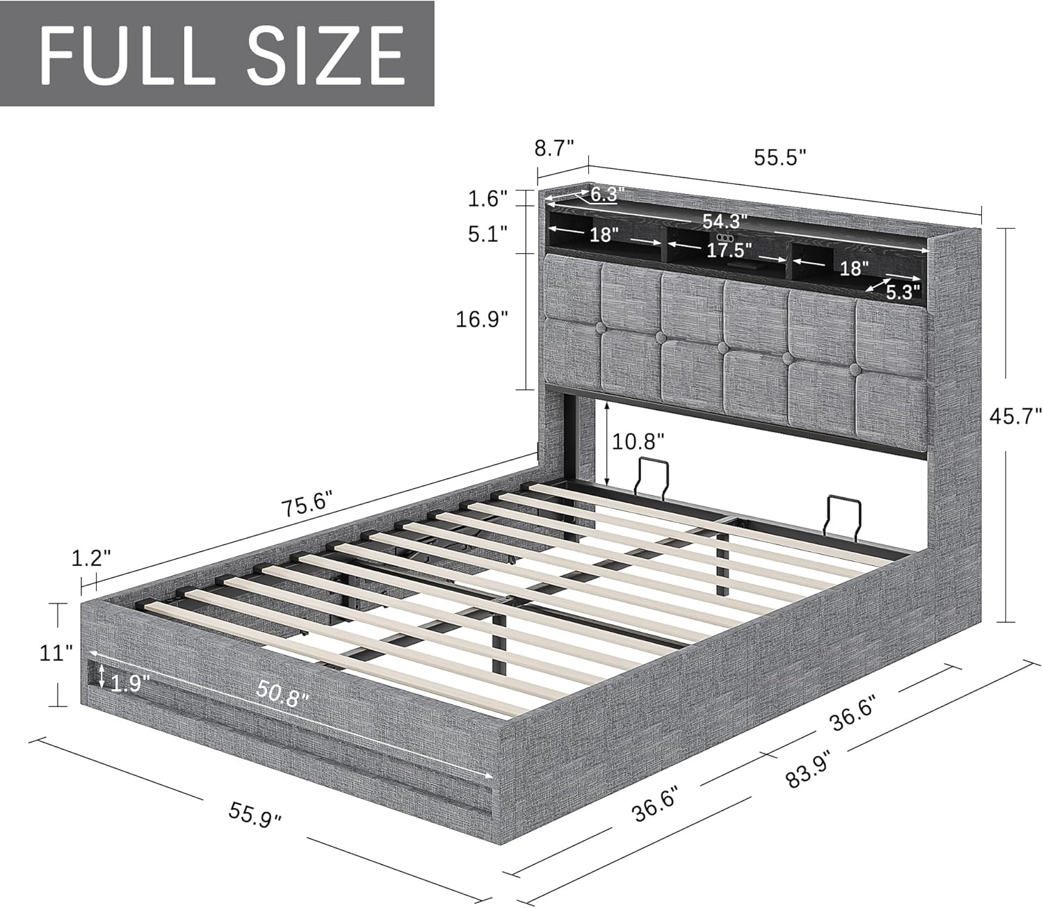 VECELO Lift Up Storage Bed, Upholstered Platform Bed Frame with Smart LED Lights and USB Charging Station
