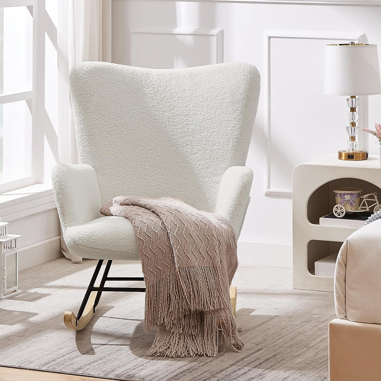 VECELO Rocking Chair, Modern Upholstered Teddy Fabric Nursery Glider