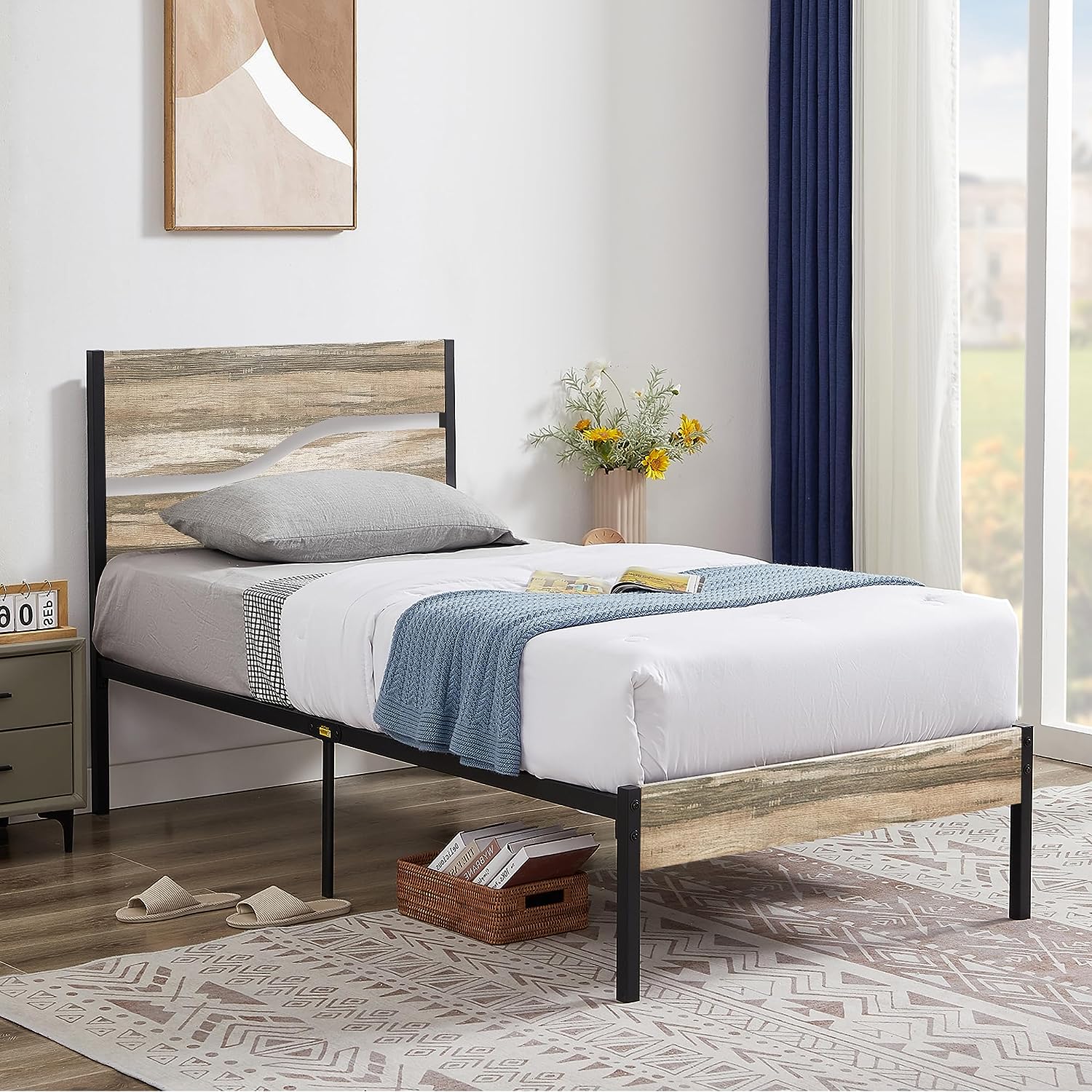 VECELO Platform Bed Frame/Mattress Foundation with Rustic Vintage Wood Headboard