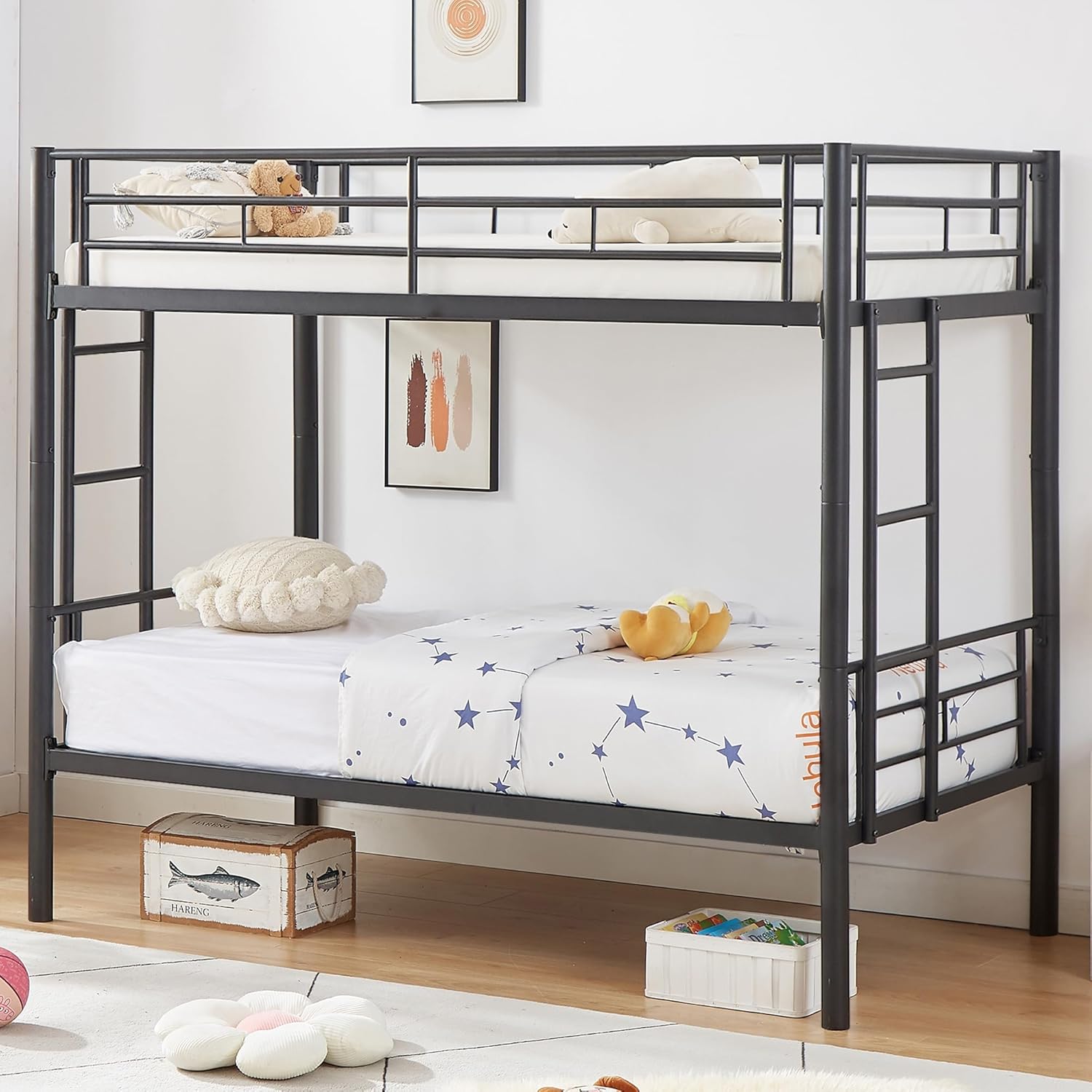 VECELO Metal Bunk Bed Twin Over Twin, Industrial Bunkbeds with Ladder and Full-Length Guardrail