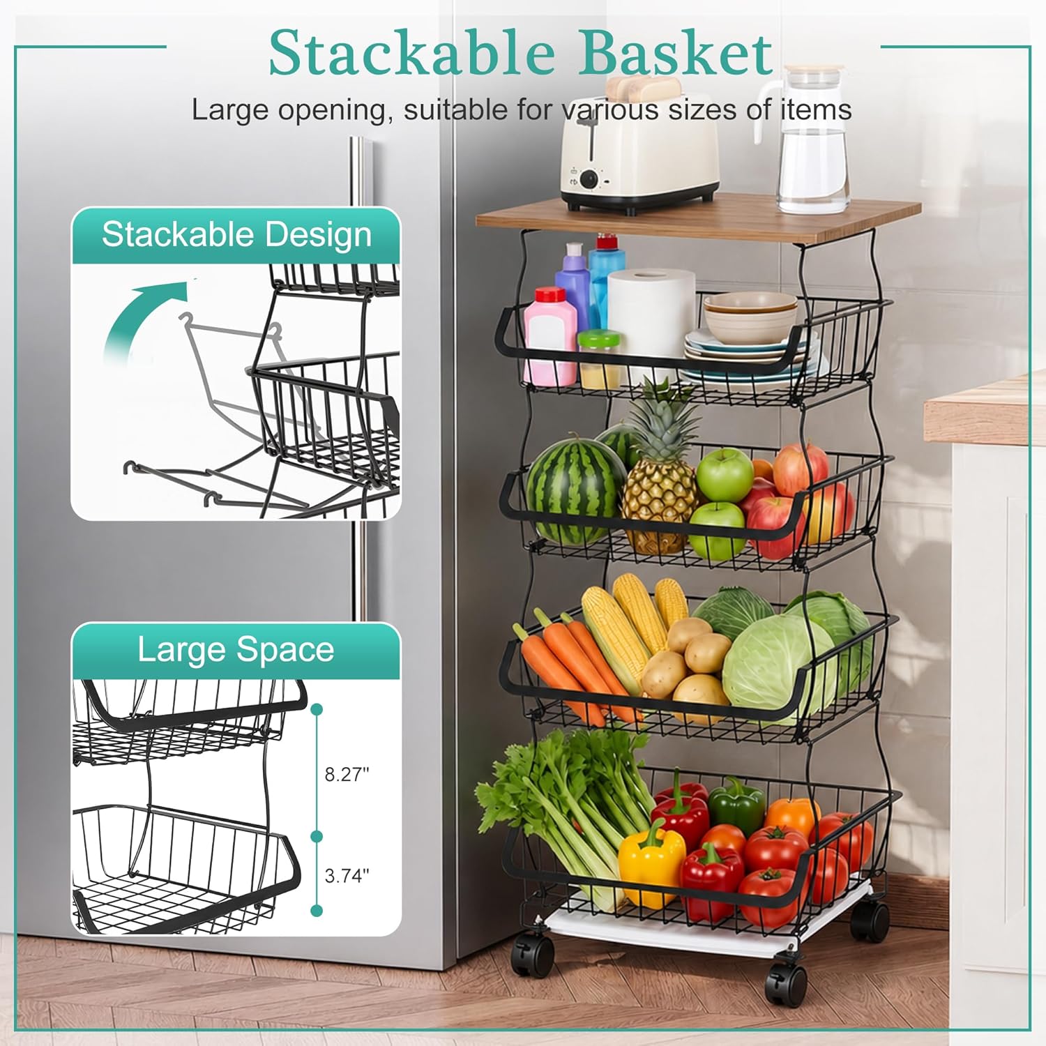 VECELO 4-Tier Fruit Basket with Wheels