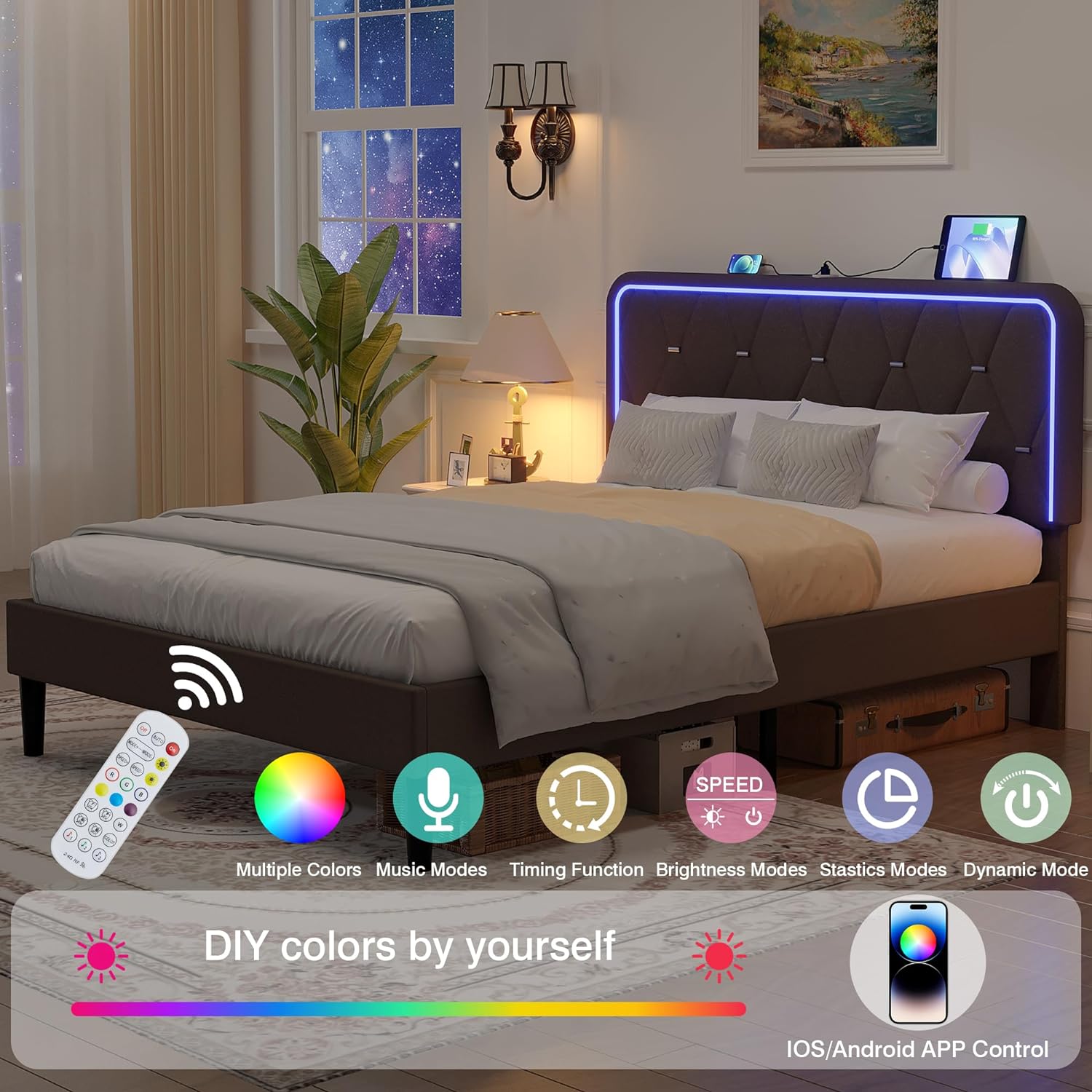 VECELO Upholstered Bed Frame with LED Lights, Charging Station, Velvet Platform Bed