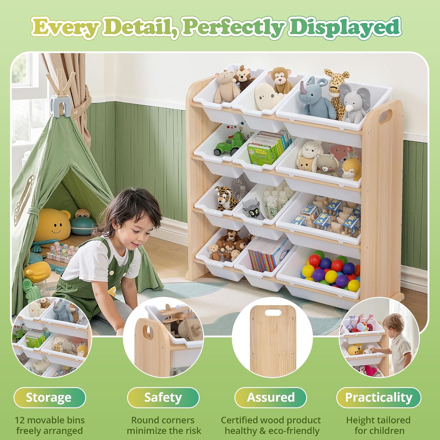 VECELO Kids Toy Storage Organizer with 12 Pcs Bins