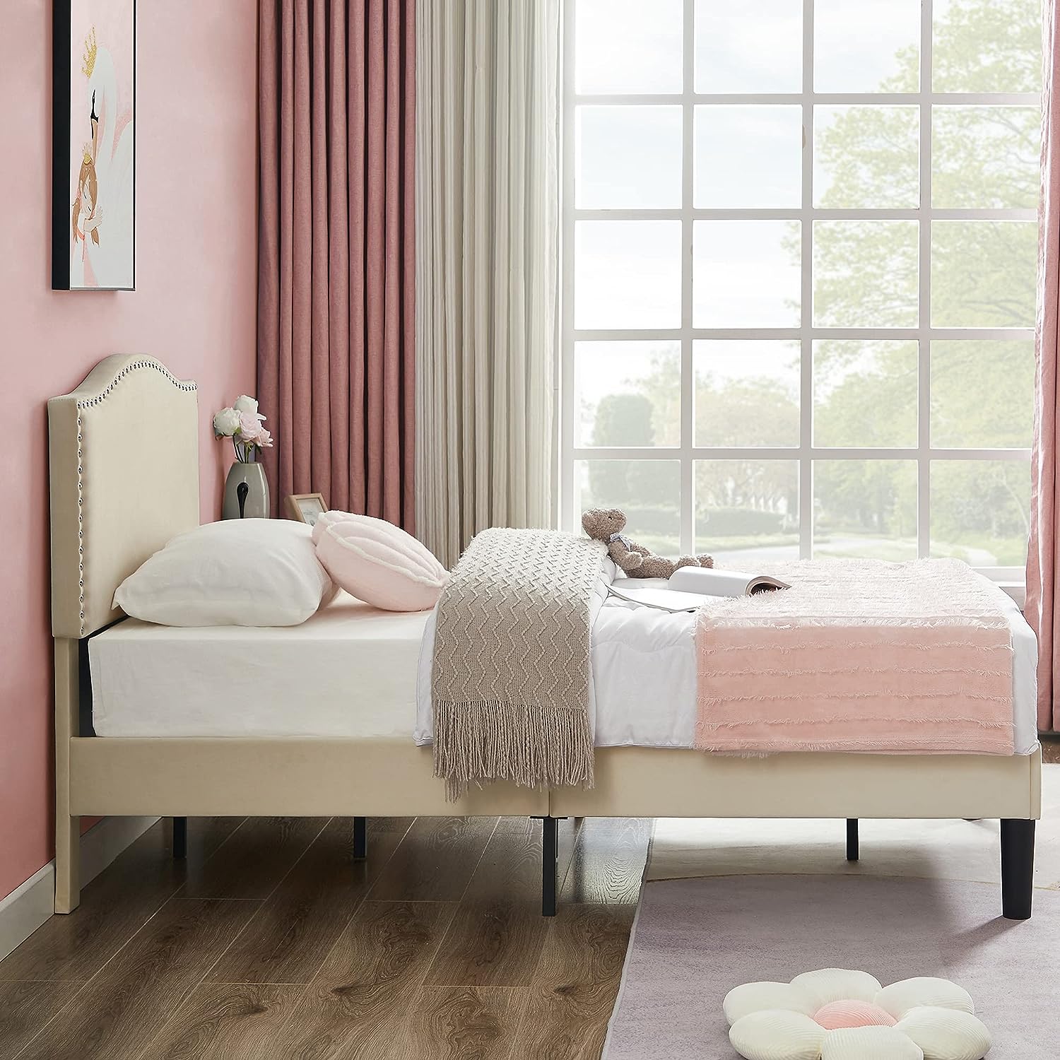 VECELO Bed Frame Platform with Upholstered Headboard & Wooden Slats Support - VECELO