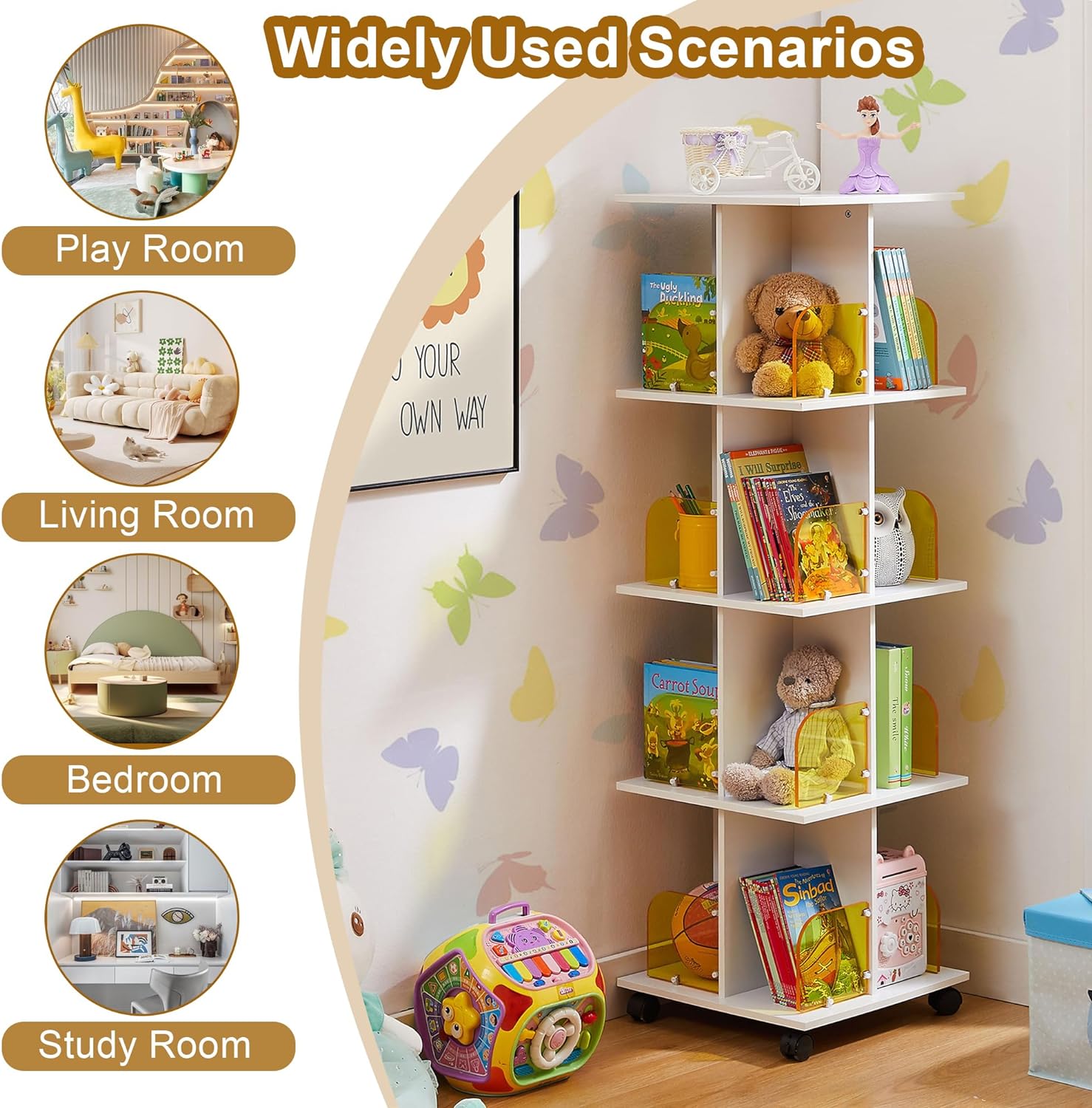 VECELO 4 Tier Rotating Bookshelf Tower,360° Corner Display Shelf with Wheels - VECELO