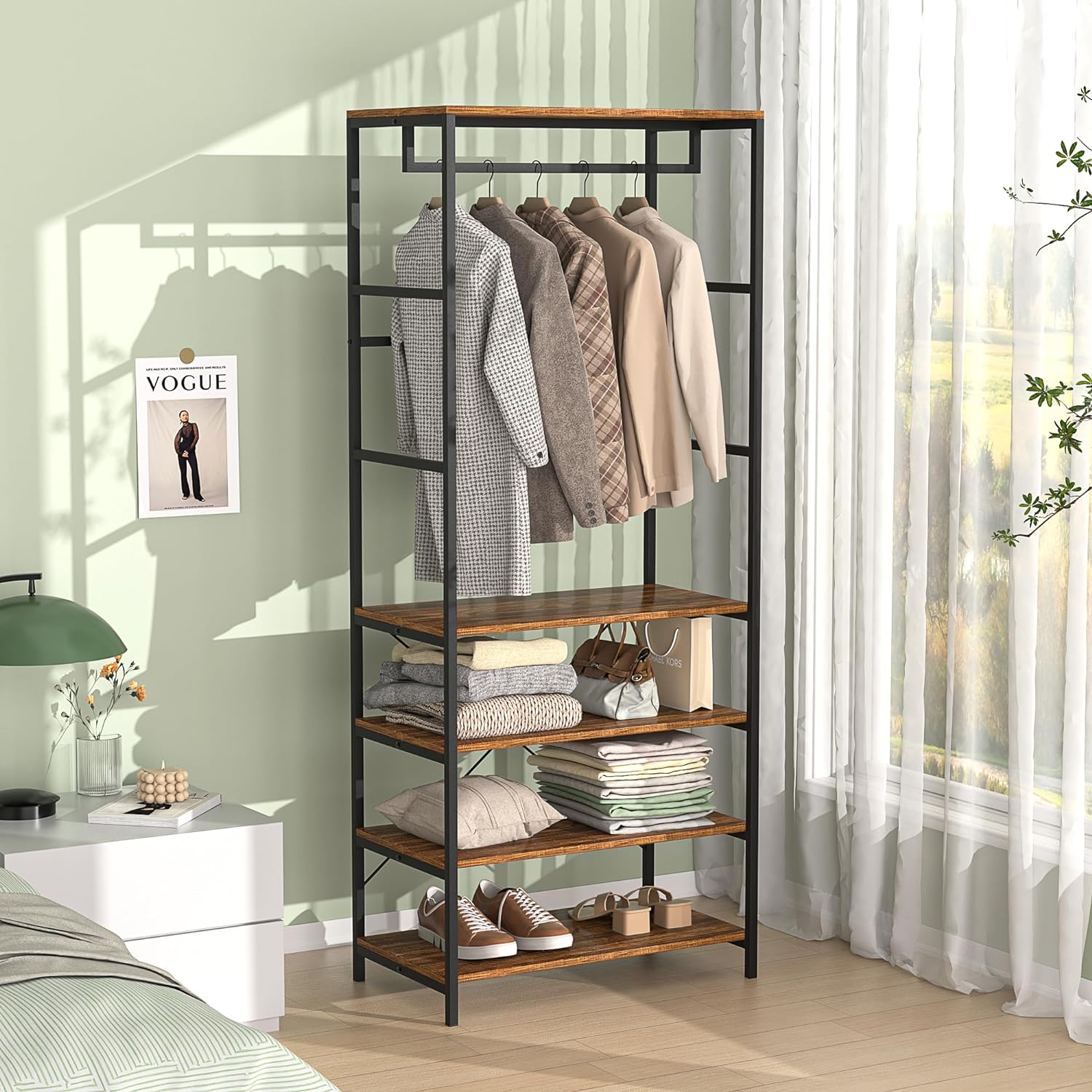 VECELO Coat, Entryway Hall Tree with 4-Tier Shoe Rack and Hanging Rod - VECELO